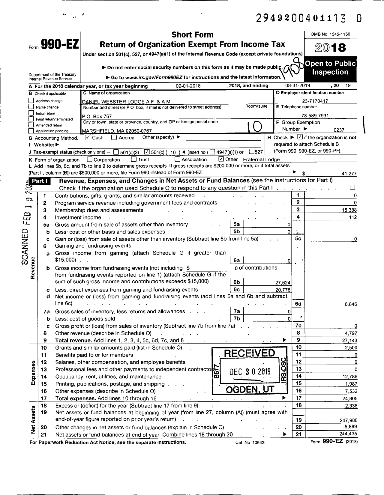 Image of first page of 2018 Form 990EO for Massachusetts Freemasons - Daniel Webster Lodge A F & A M