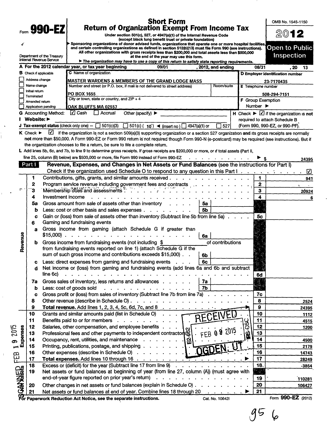 Image of first page of 2012 Form 990EO for Massachusetts Freemasons - Oriental Marthas Vineyard Lodge