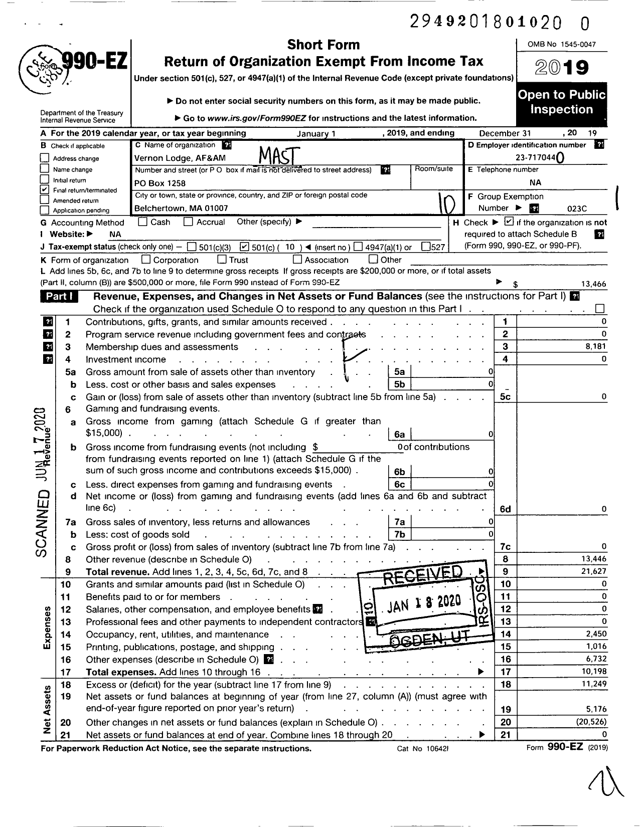 Image of first page of 2019 Form 990EO for Massachusetts Freemasons - Masonic Lodge Building Association