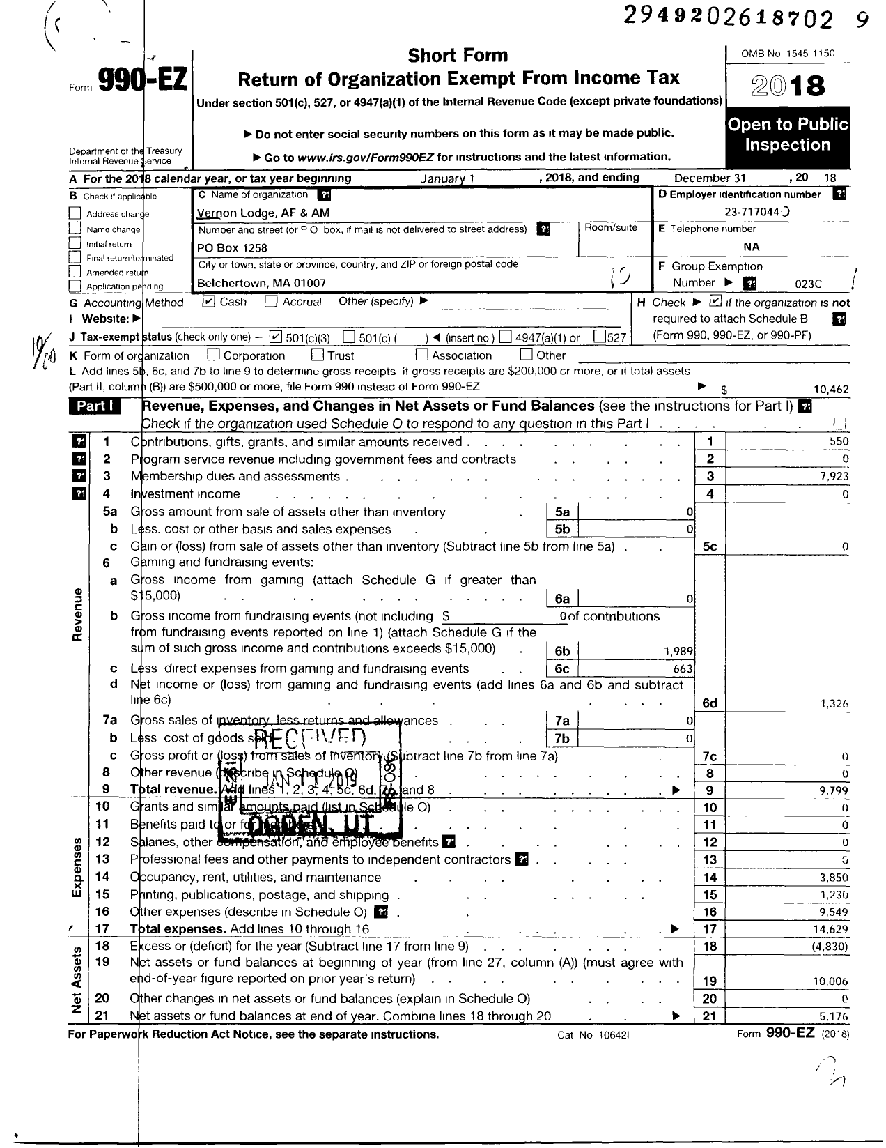 Image of first page of 2018 Form 990EO for Massachusetts Freemasons - Masonic Lodge Building Association