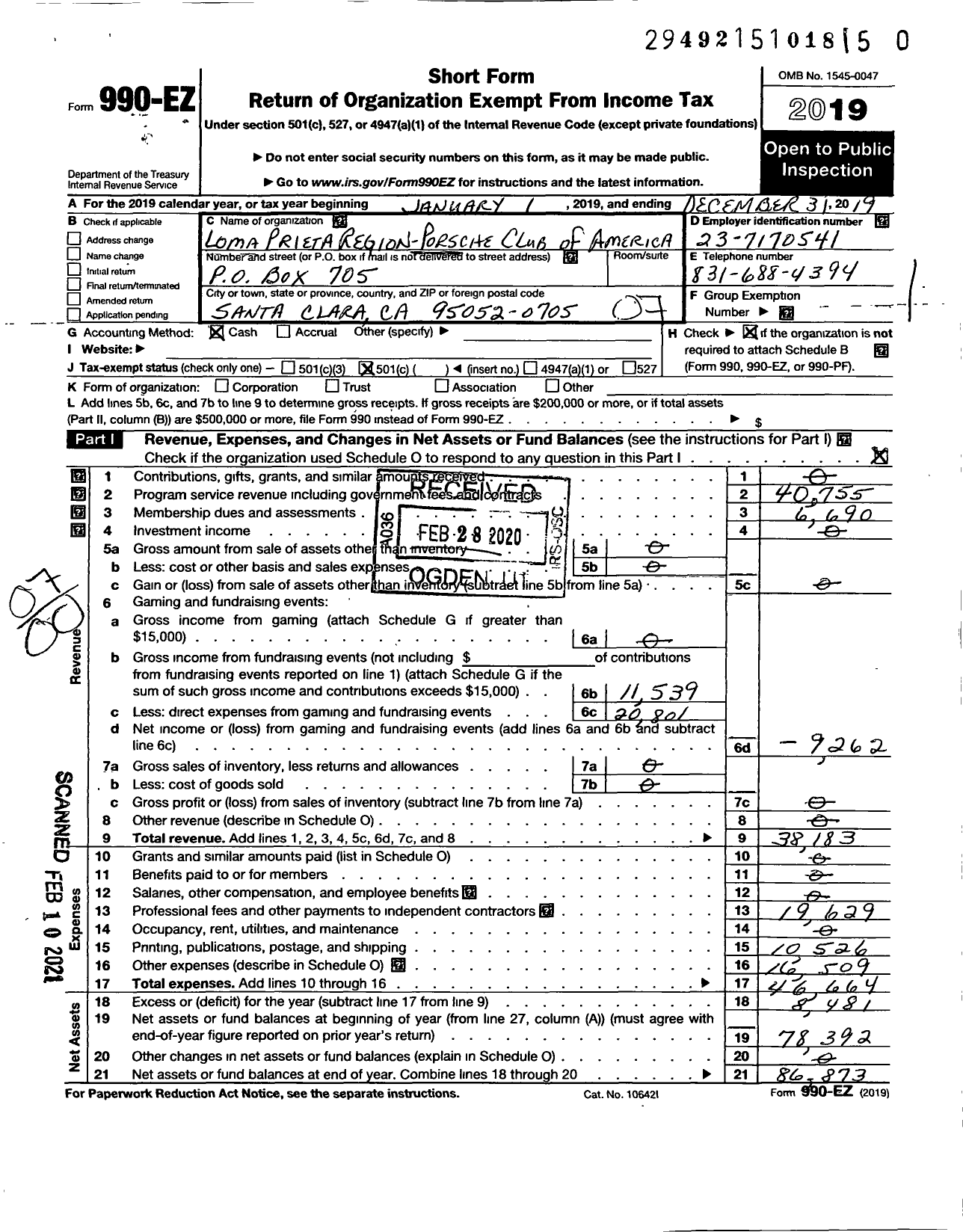 Image of first page of 2019 Form 990EO for PORSCHE CLUB OF AMERICA Loma Prieta Region