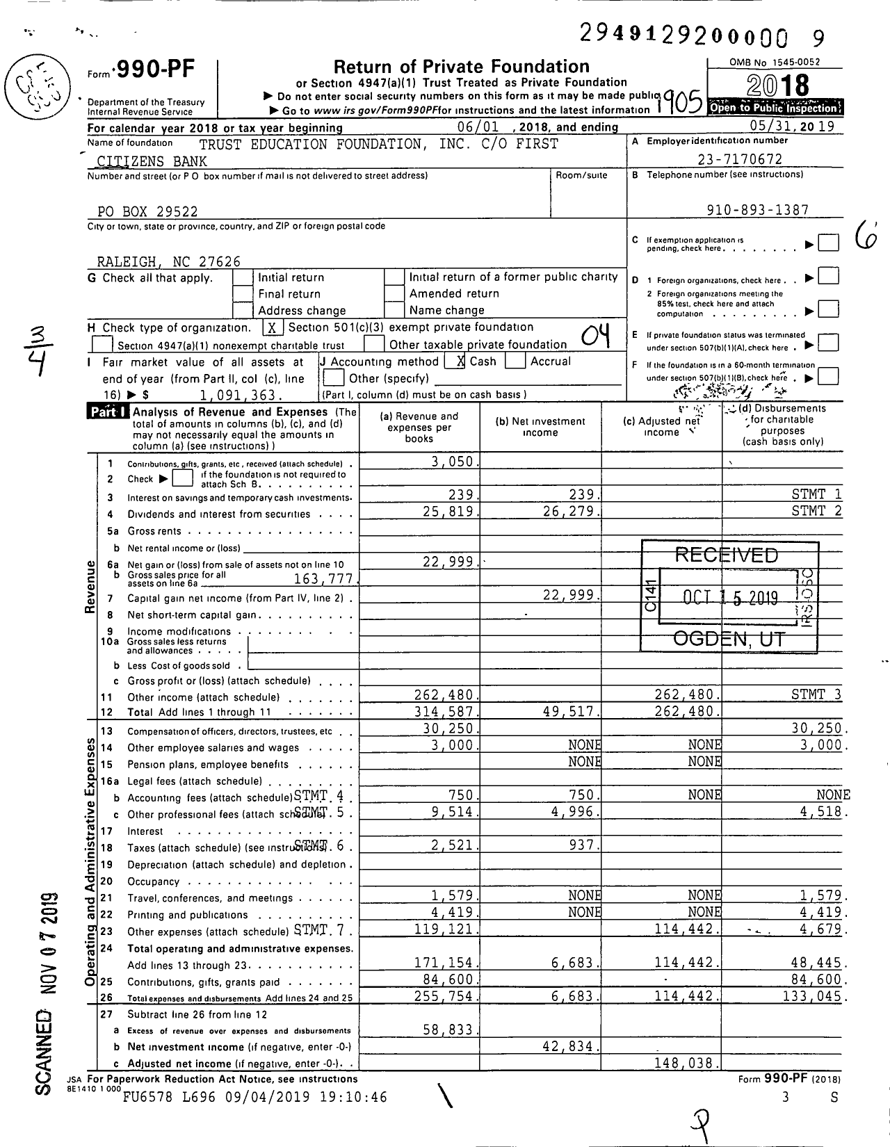 Image of first page of 2018 Form 990PF for Trust Education Foundation