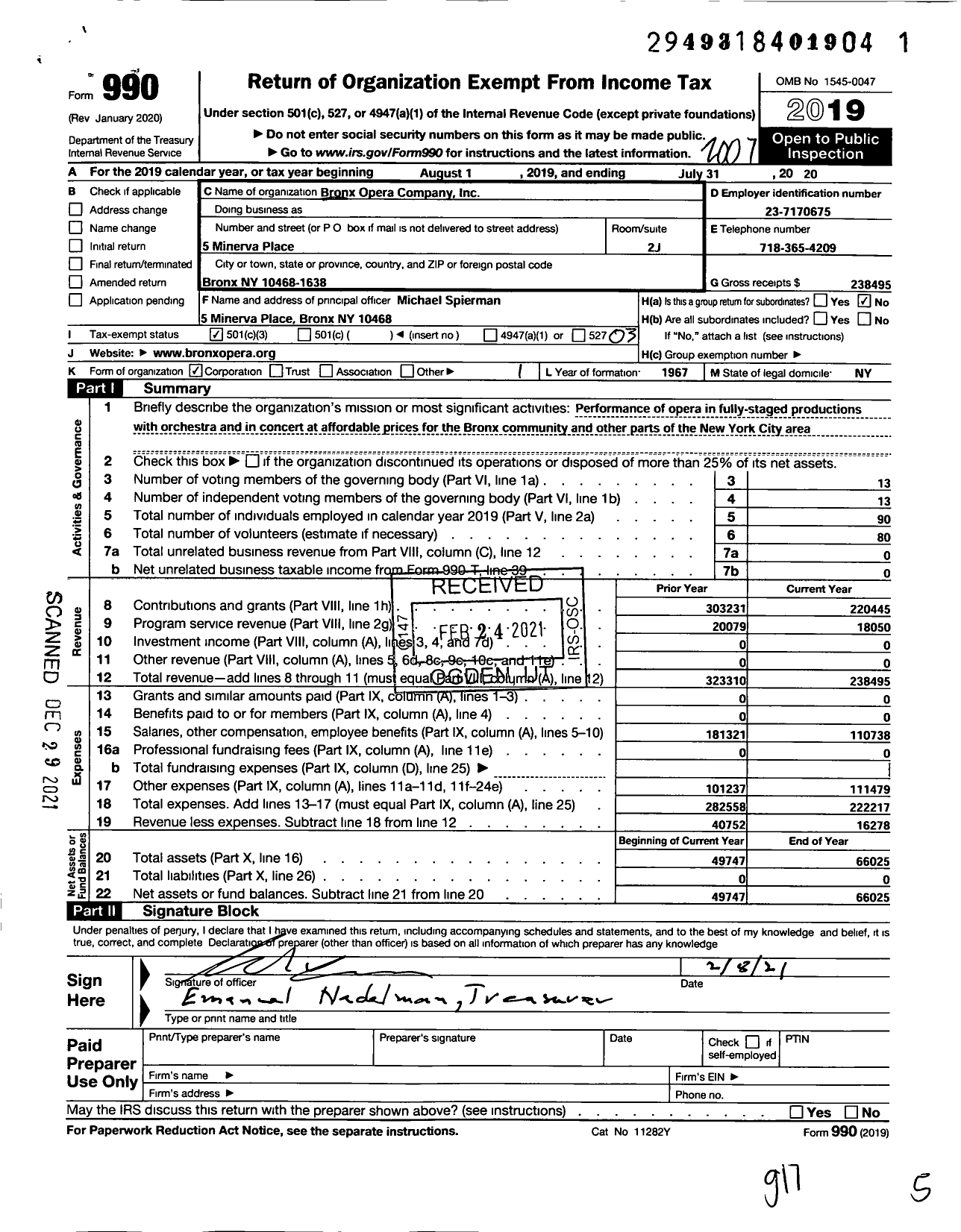 Image of first page of 2019 Form 990 for Bronx Opera Company