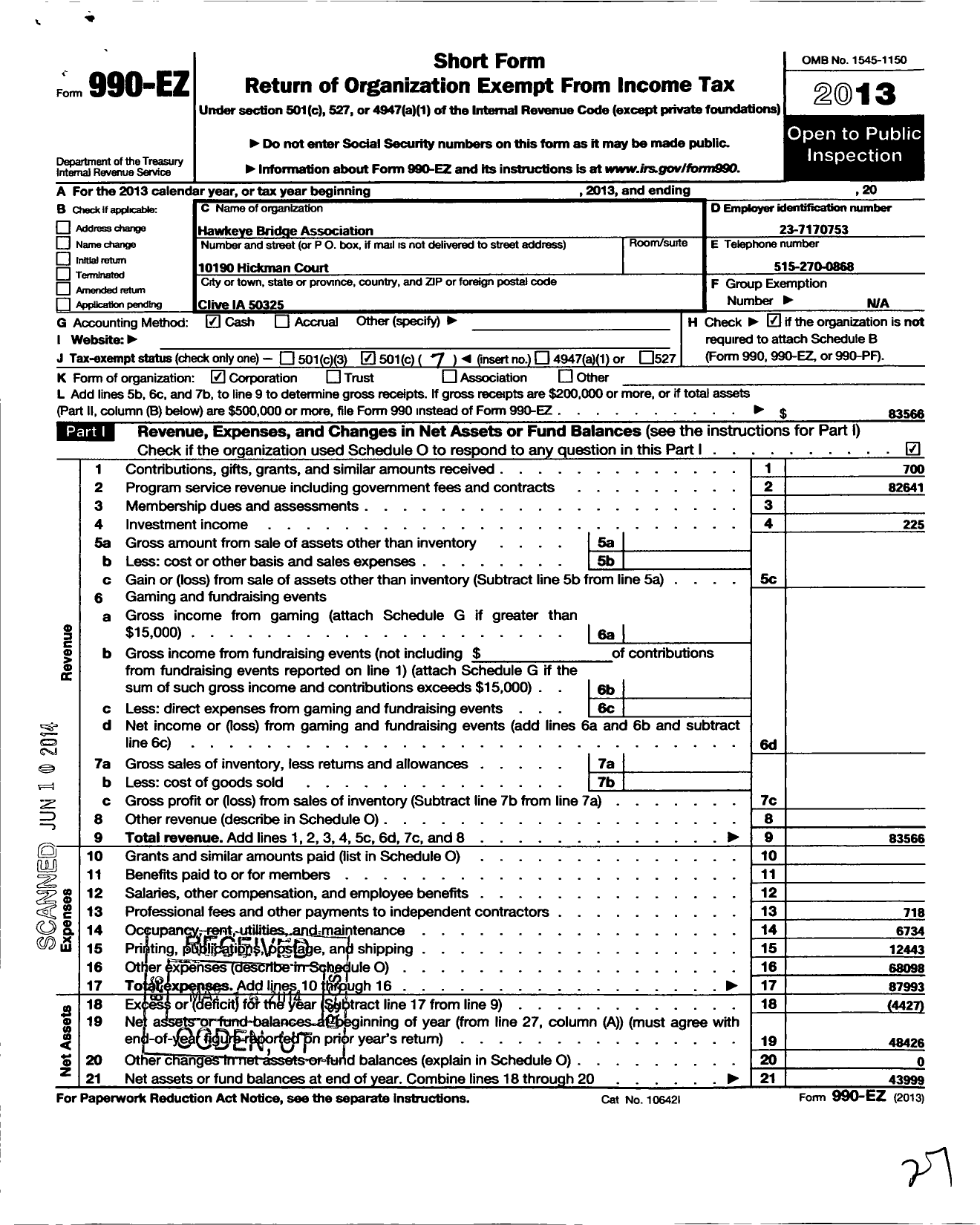 Image of first page of 2013 Form 990EO for Hawkeye Bridge Association