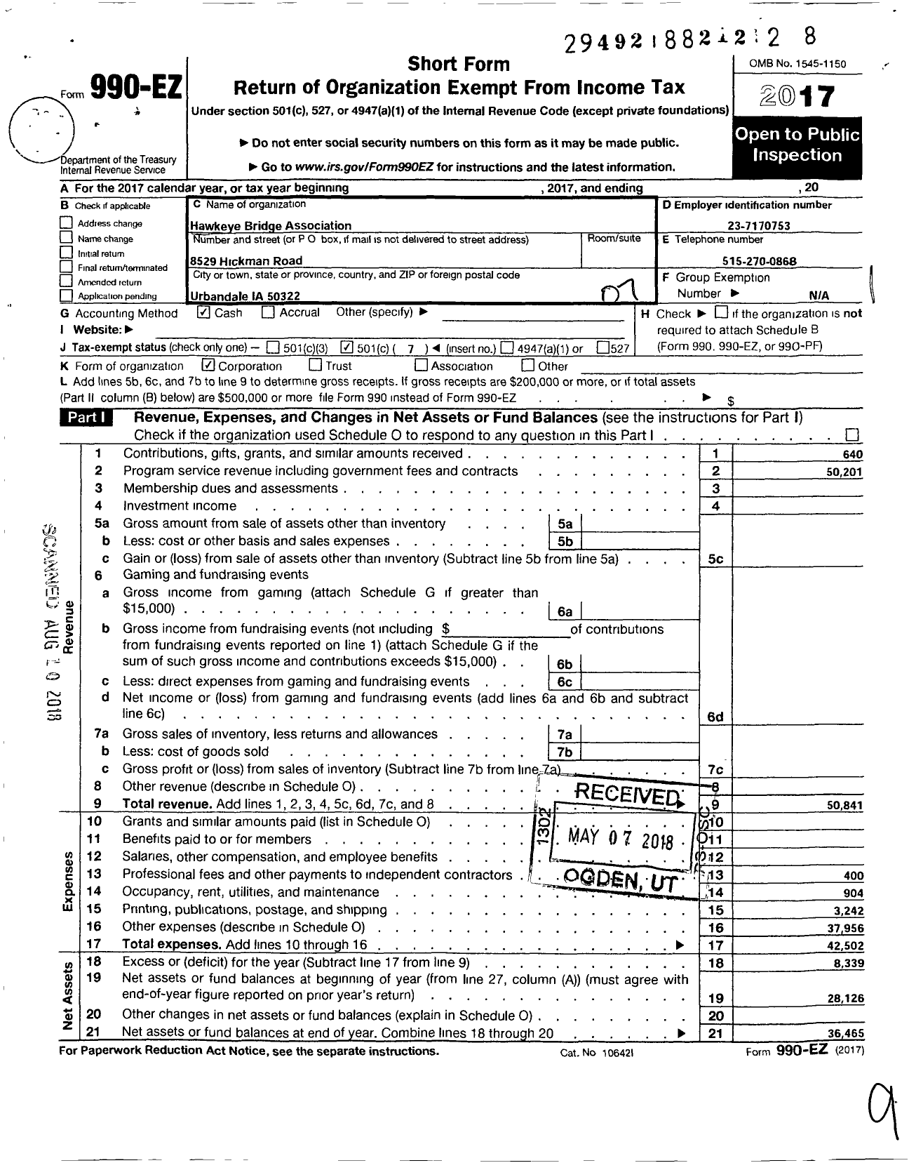 Image of first page of 2017 Form 990EO for Hawkeye Bridge Association