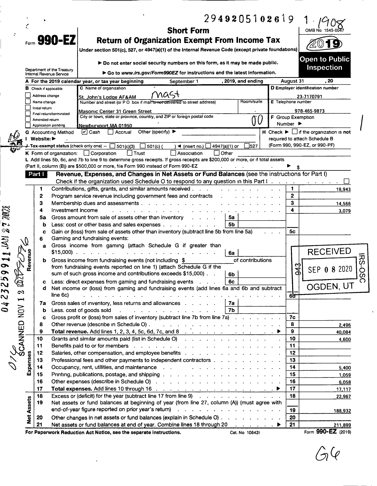 Image of first page of 2018 Form 990EO for Massachusetts Freemasons - St Johns Lodge Af&am