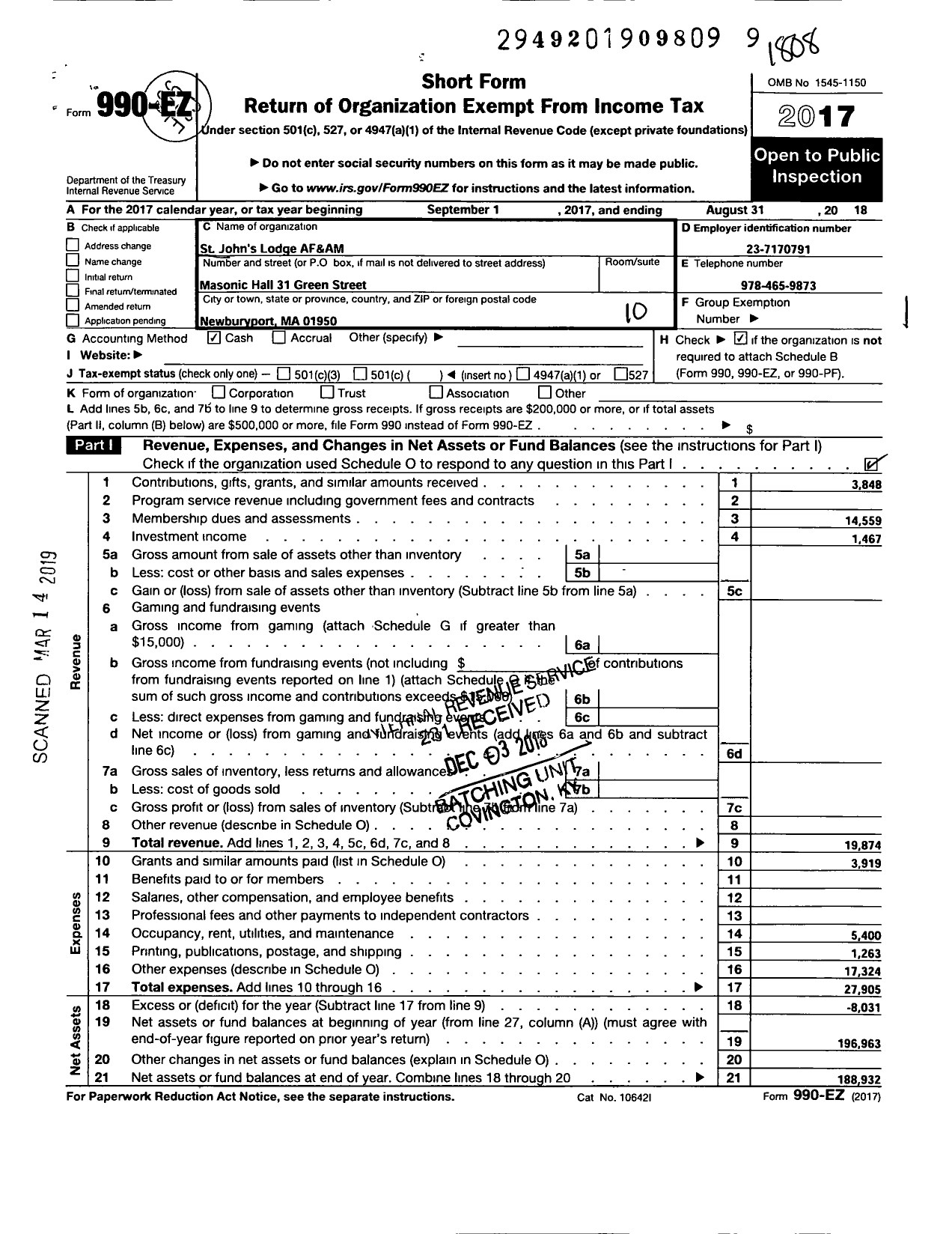 Image of first page of 2017 Form 990EO for Massachusetts Freemasons - St Johns Lodge Af&am