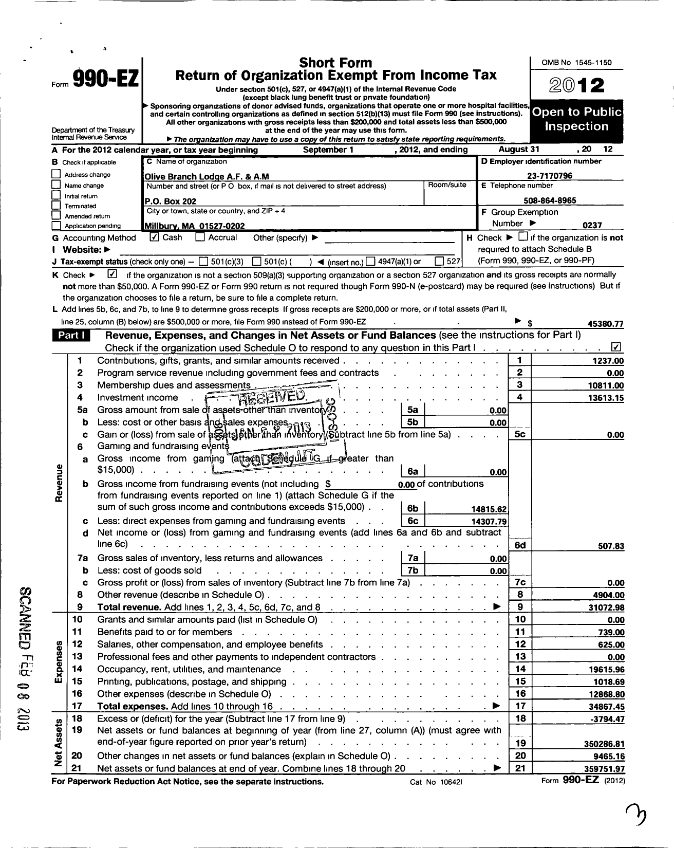 Image of first page of 2011 Form 990EO for Massachusetts Freemasons - Olive Branch Lodge