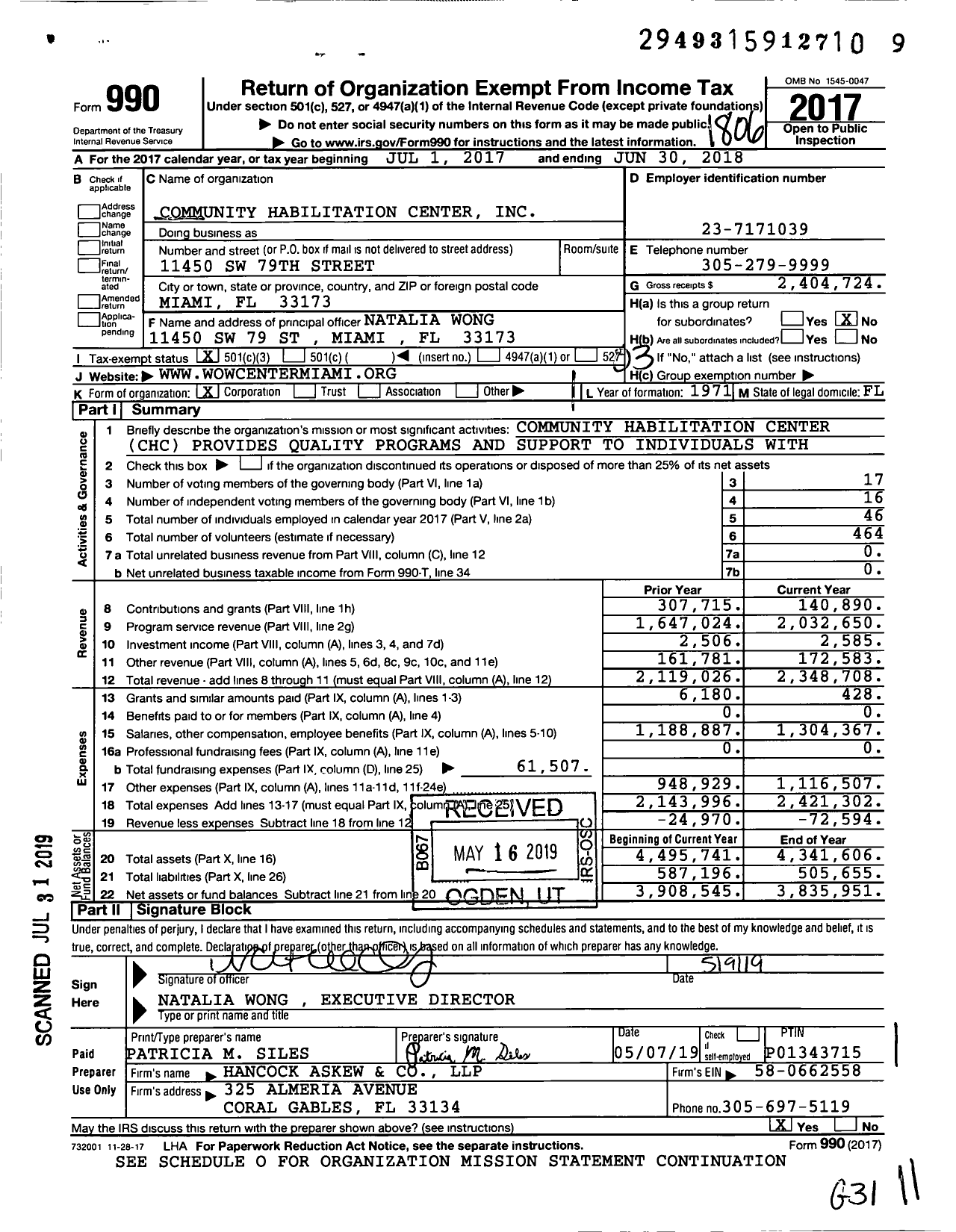 Image of first page of 2017 Form 990 for Community Habilitation Center