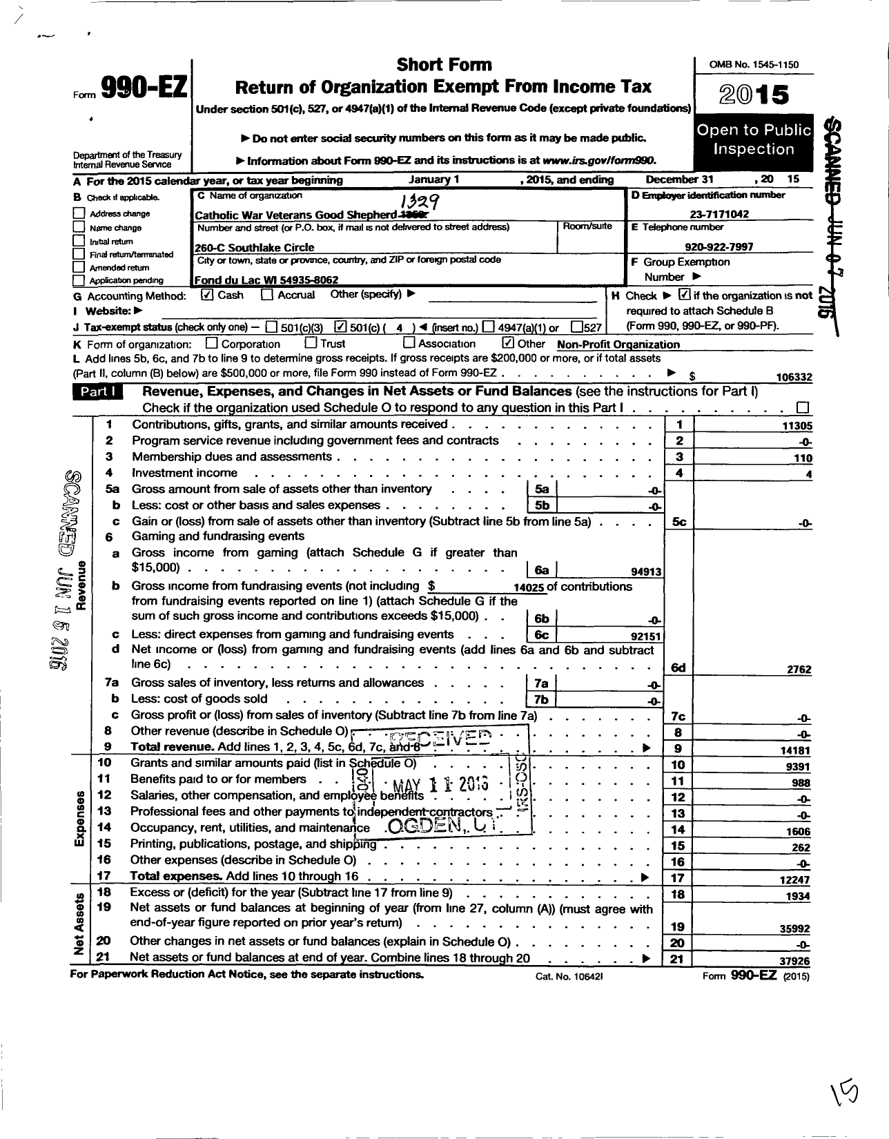 Image of first page of 2015 Form 990EO for Catholic War Veterans of the United States of America - 1329 Post Good Shepherd