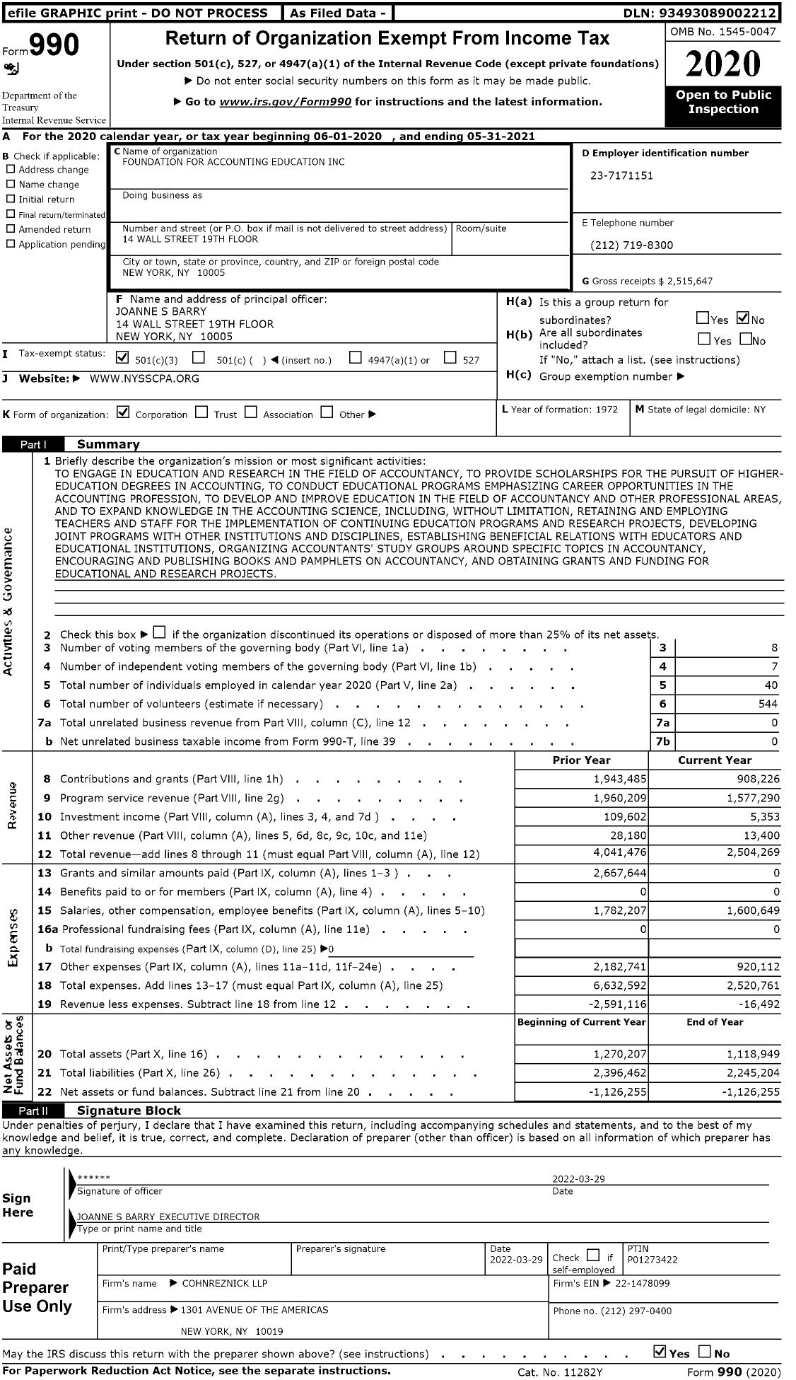 Image of first page of 2020 Form 990 for Foundation for Accounting Education