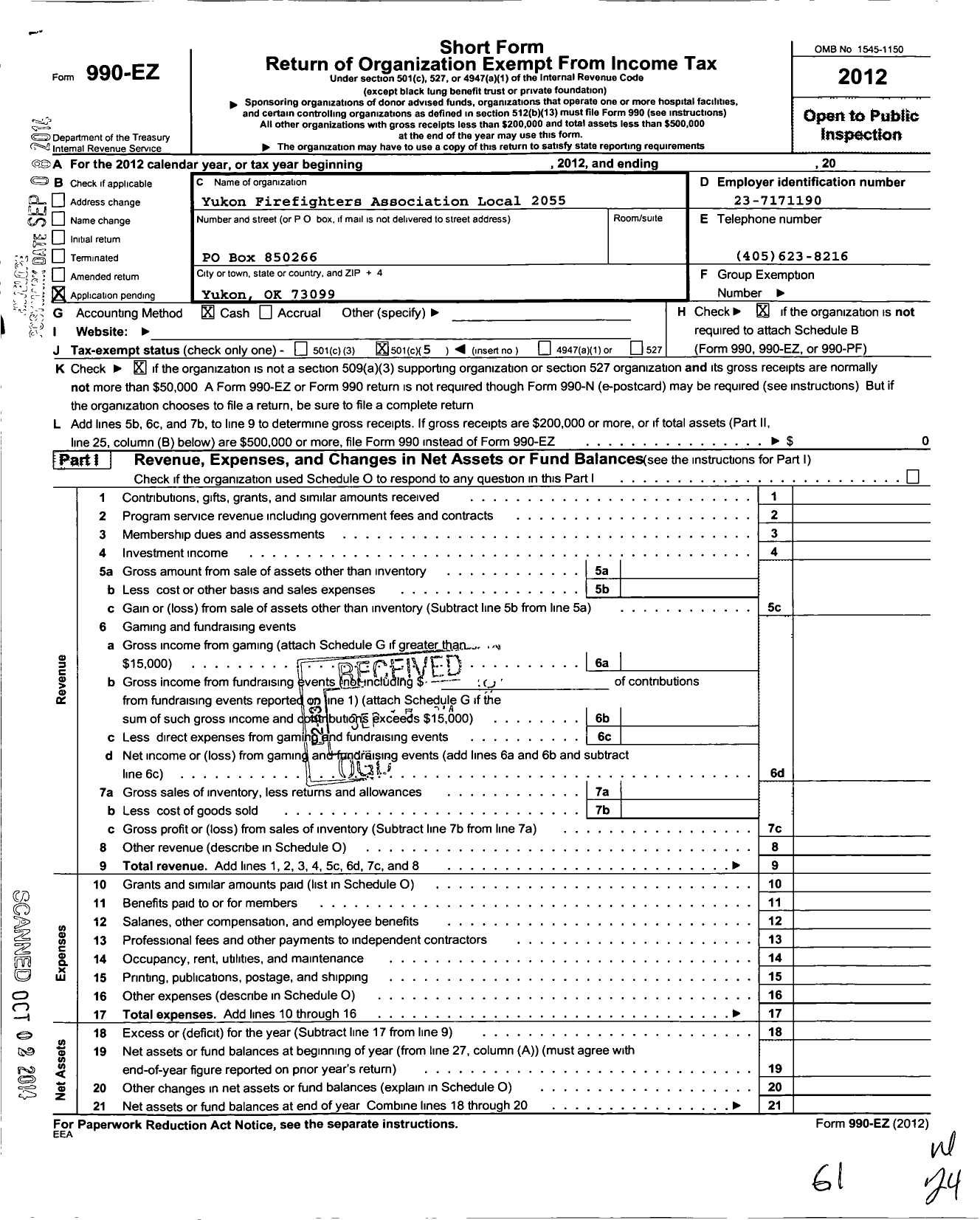 Image of first page of 2012 Form 990EO for International Association of Fire Fighters / L2055 Yukon