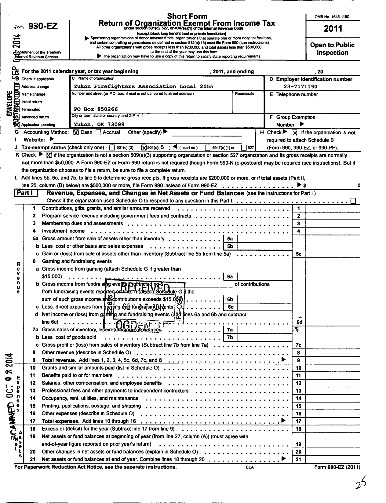 Image of first page of 2011 Form 990EO for International Association of Fire Fighters / L2055 Yukon