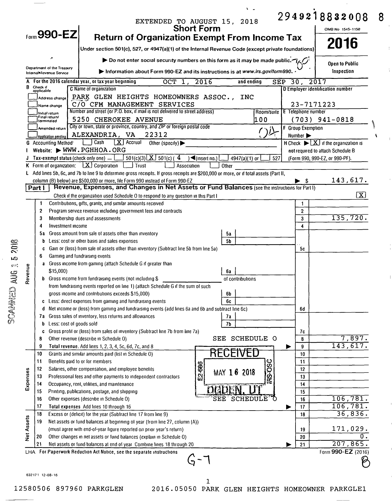 Image of first page of 2016 Form 990EO for Park Glen Heights Homeowners Association