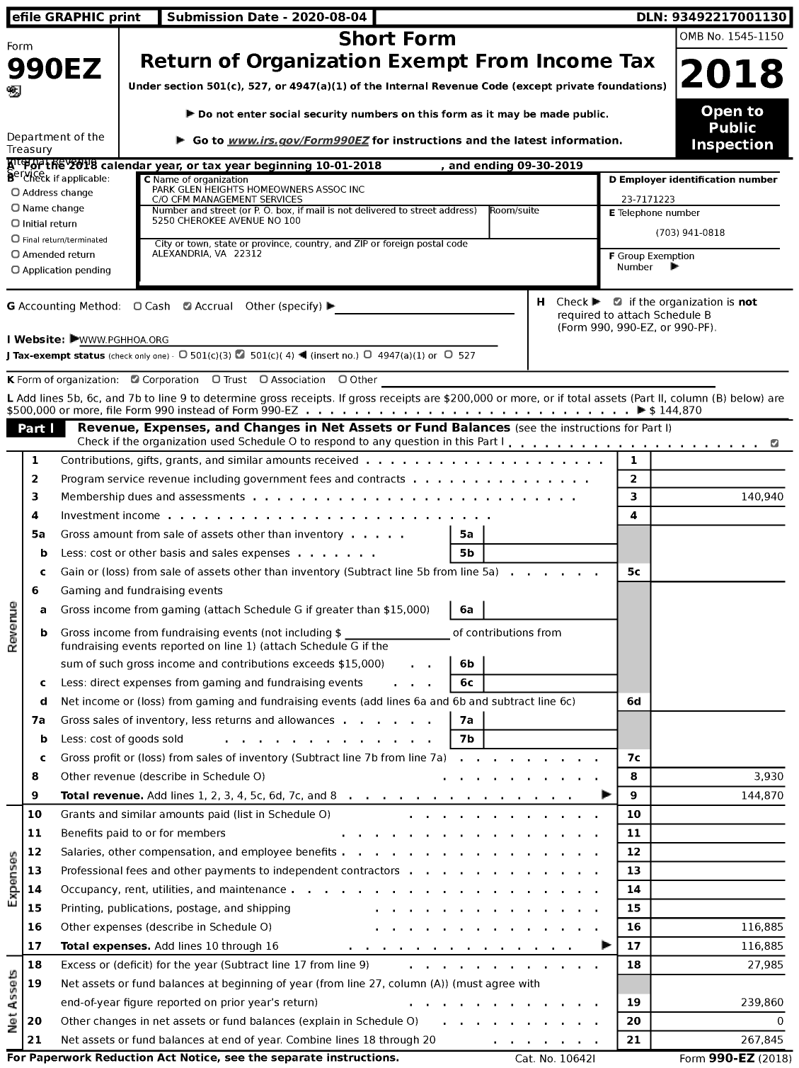 Image of first page of 2018 Form 990EZ for Park Glen Heights Homeowners Association