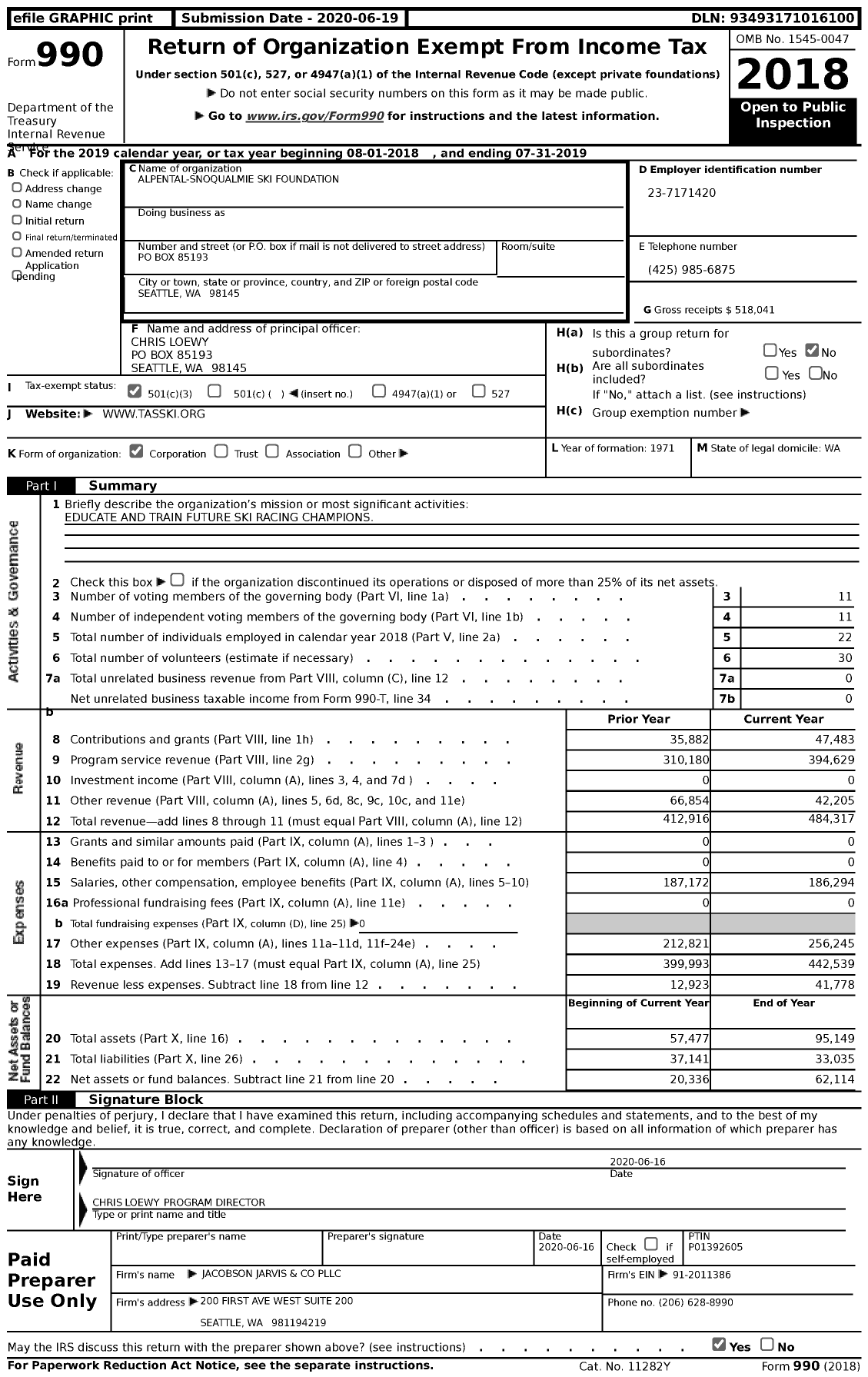 Image of first page of 2018 Form 990 for Alpental-Snoqualmie Ski Foundation