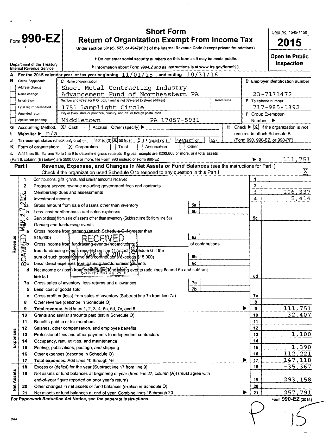 Image of first page of 2015 Form 990EO for Sheet Metal Contracting Industry Advancement Fund of Northeastern Pa