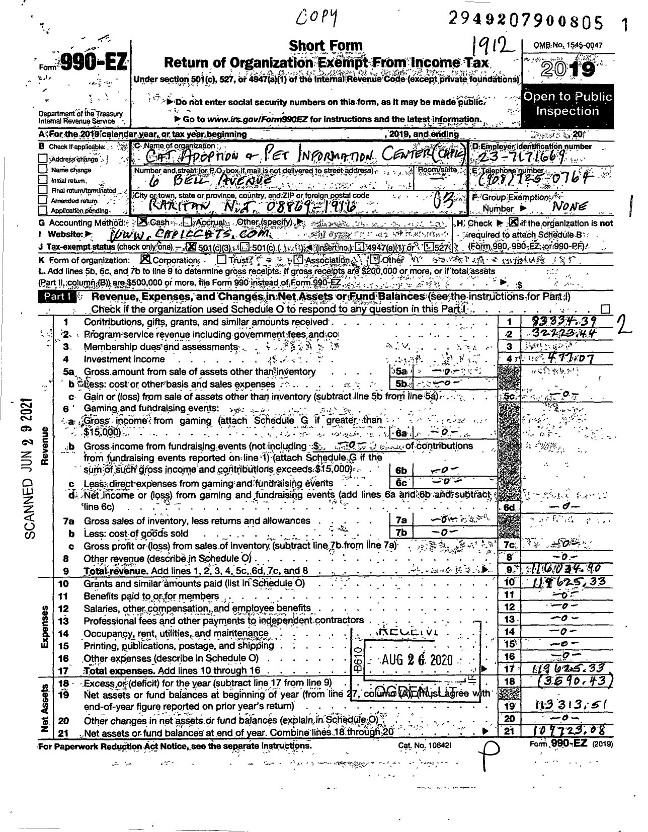 Image of first page of 2019 Form 990EZ for Capic-Cat Adoption and Pet Information Center