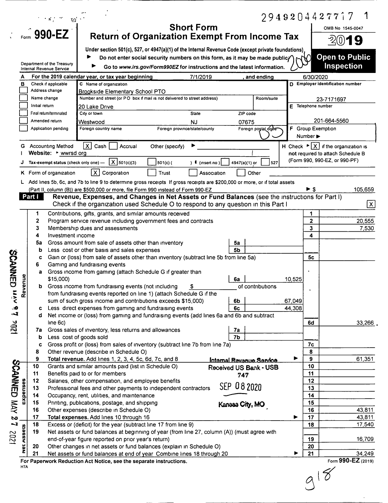 Image of first page of 2019 Form 990EZ for Brookside Elementary School Pto