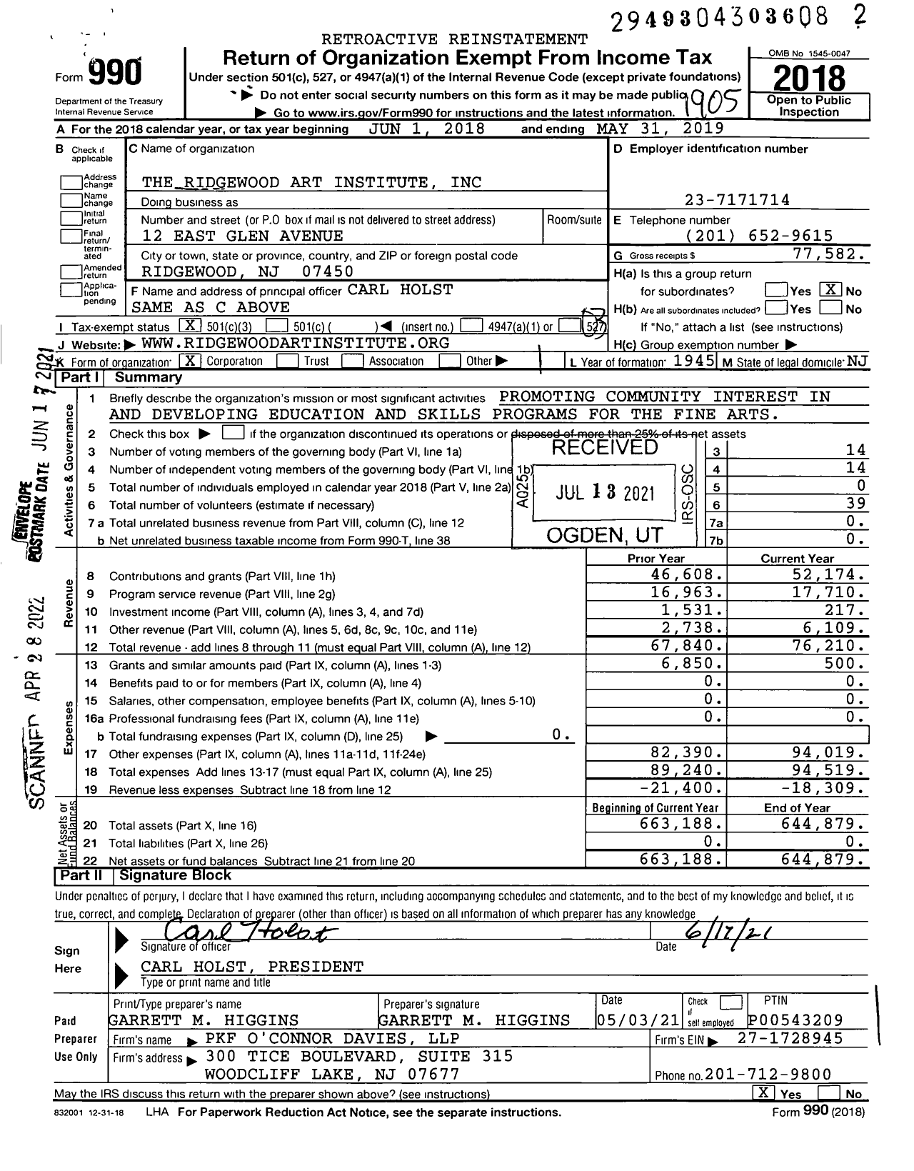 Image of first page of 2018 Form 990 for The Ridgewood Art Institute