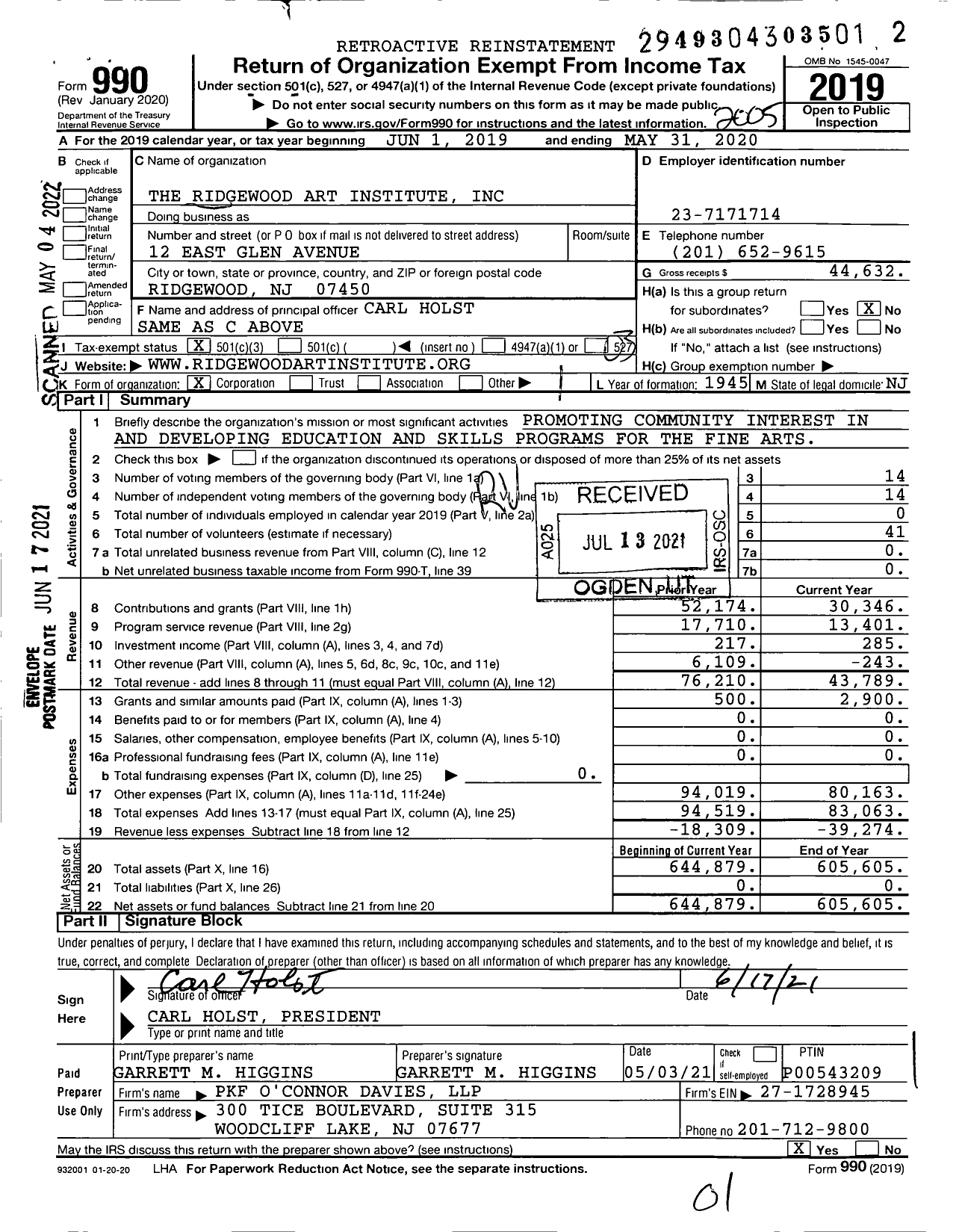 Image of first page of 2019 Form 990 for The Ridgewood Art Institute