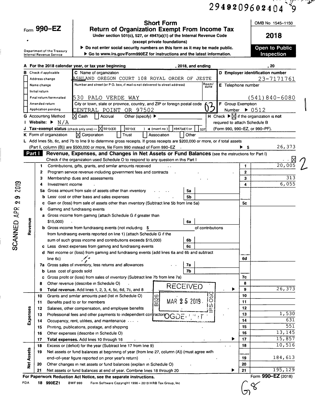 Image of first page of 2018 Form 990EZ for Royal Order of Jesters - 0108 Ashland Court