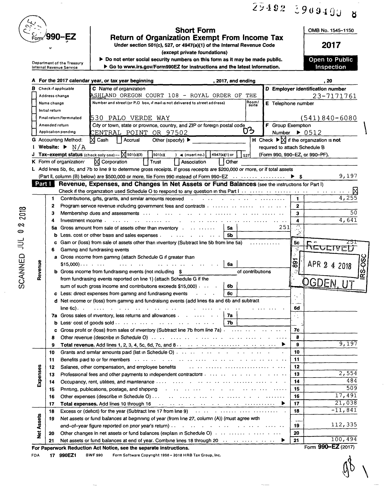 Image of first page of 2017 Form 990EZ for Royal Order of Jesters - 0108 Ashland Court