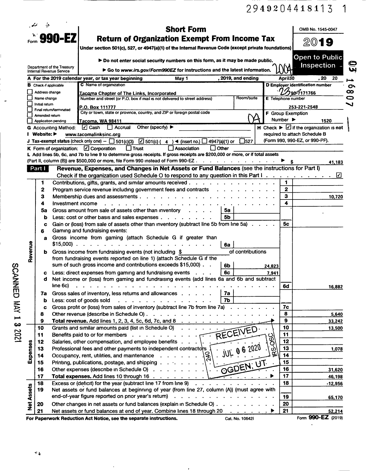 Image of first page of 2019 Form 990EO for Tacoma Chapter of the Links