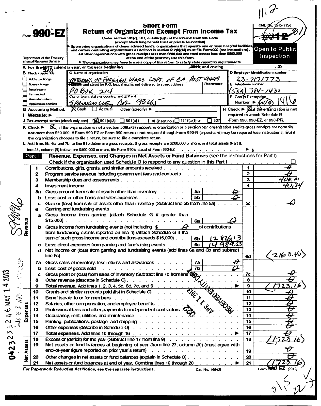 Image of first page of 2011 Form 990EZ for VFW California Department - 9499 Springville