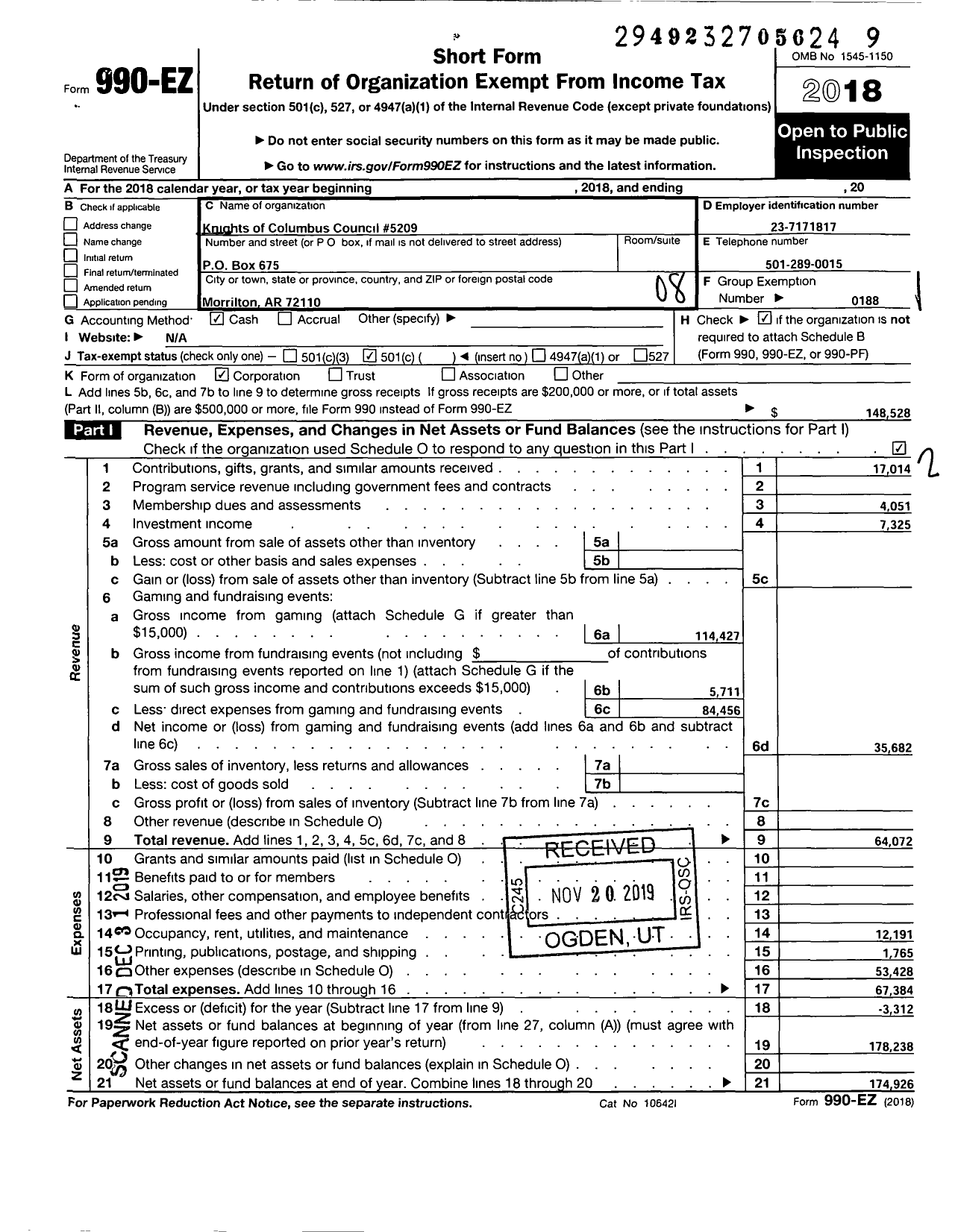 Image of first page of 2018 Form 990EO for Knights of Columbus - 5209 Monsignor Charles F Council