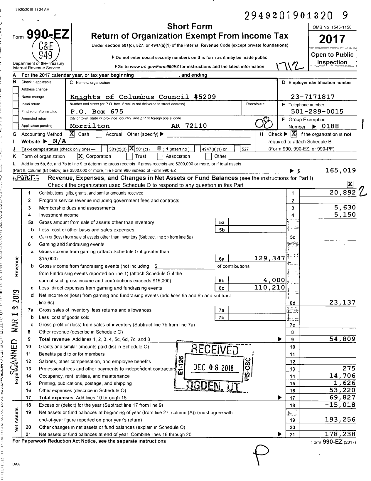 Image of first page of 2017 Form 990EO for Knights of Columbus - 5209 Monsignor Charles F Council