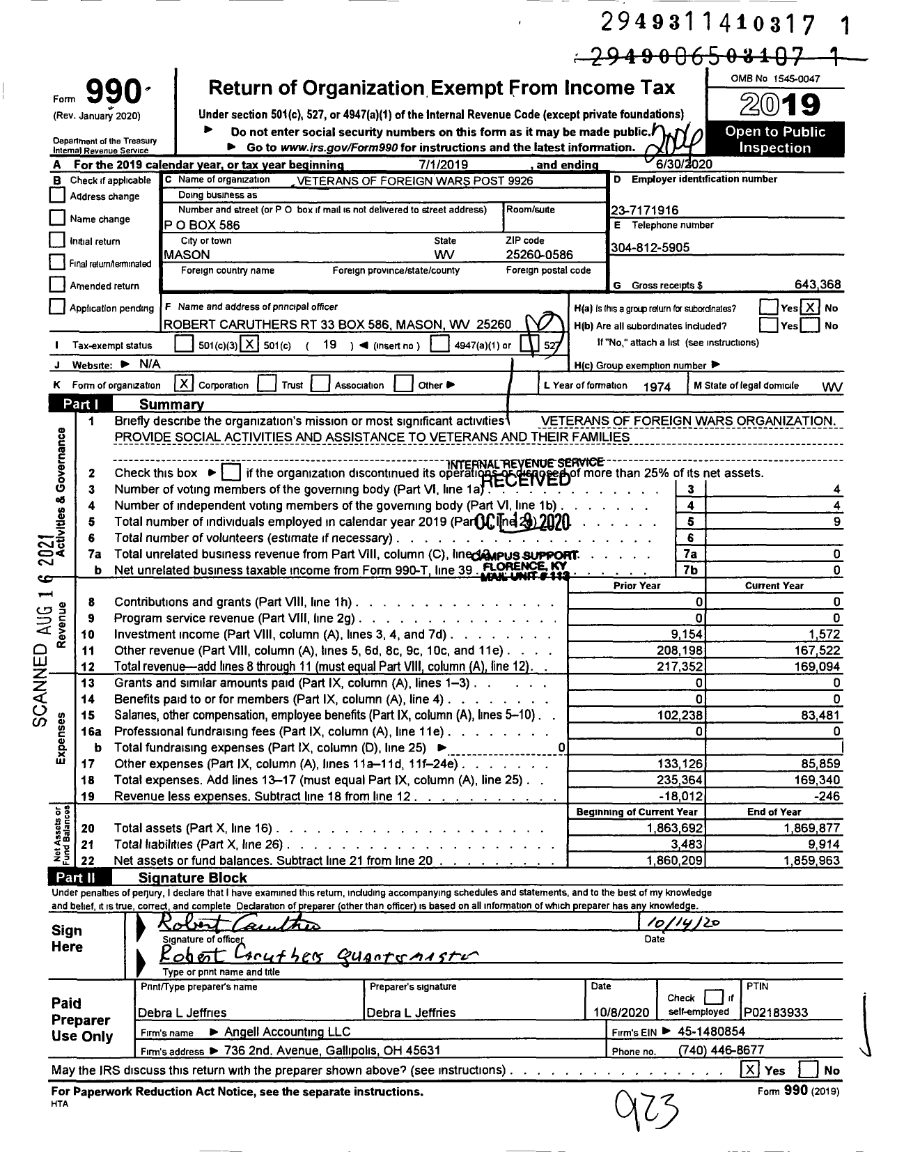 Image of first page of 2019 Form 990O for Veterans of Foreign Wars Department of West Virginia - 9926 Post