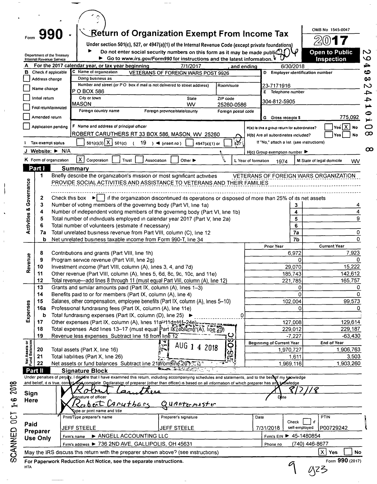 Image of first page of 2017 Form 990O for Veterans of Foreign Wars Department of West Virginia - 9926 Post