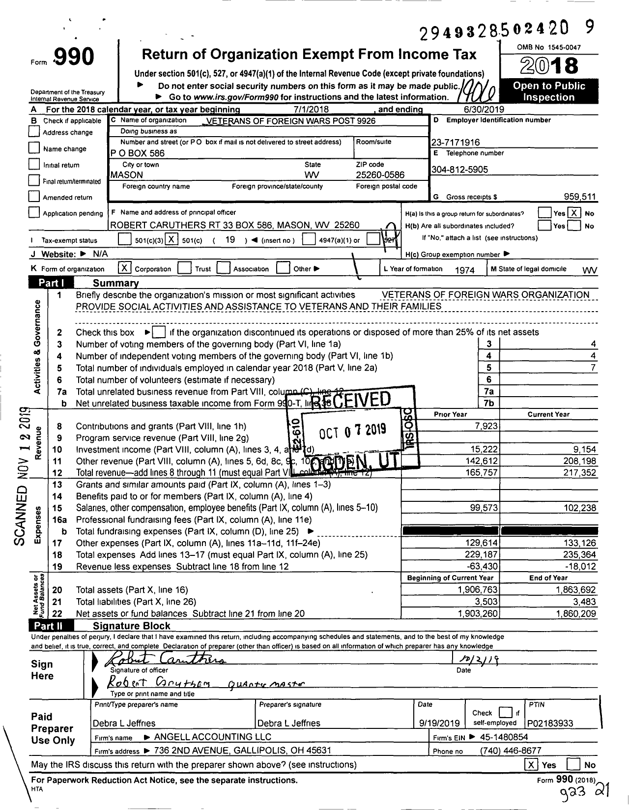 Image of first page of 2018 Form 990O for Veterans of Foreign Wars Department of West Virginia - 9926 Post