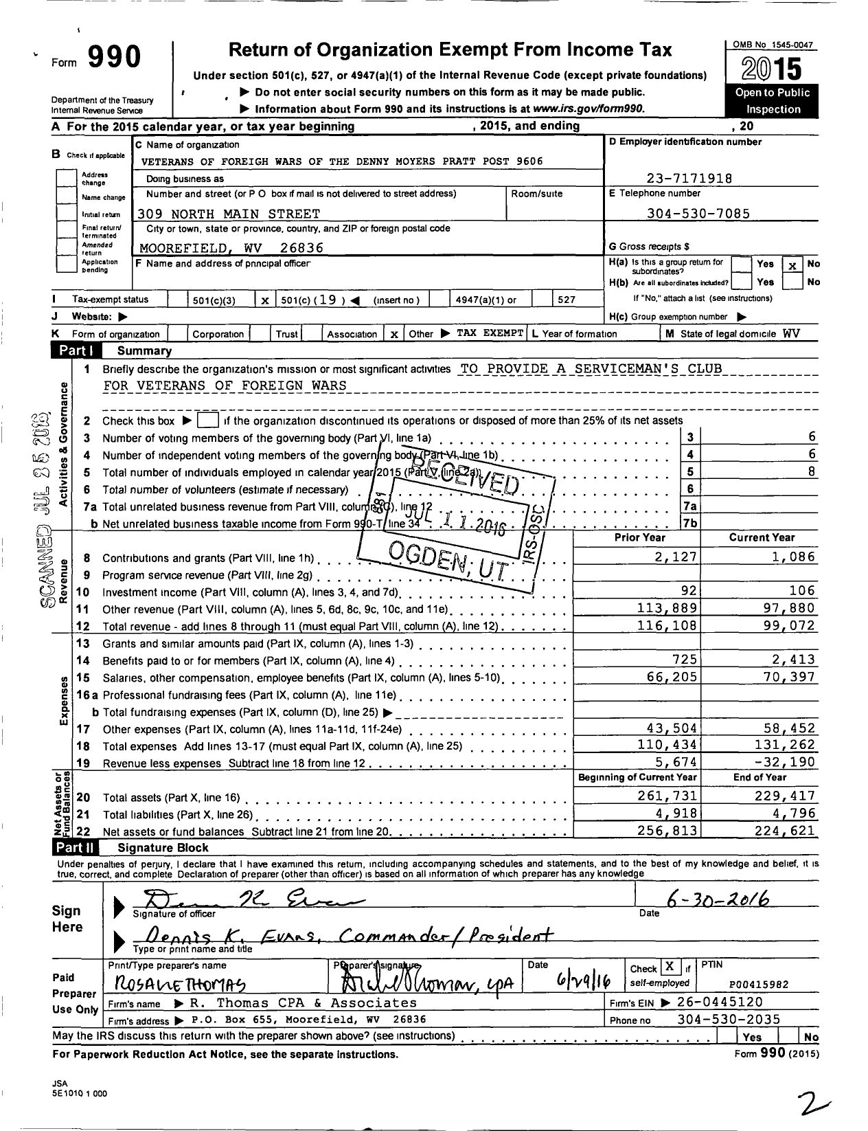 Image of first page of 2015 Form 990O for Veterans of Foreign Wars of the United States Dept of West Va - 9606 Denny-Moyer-Pratt Post