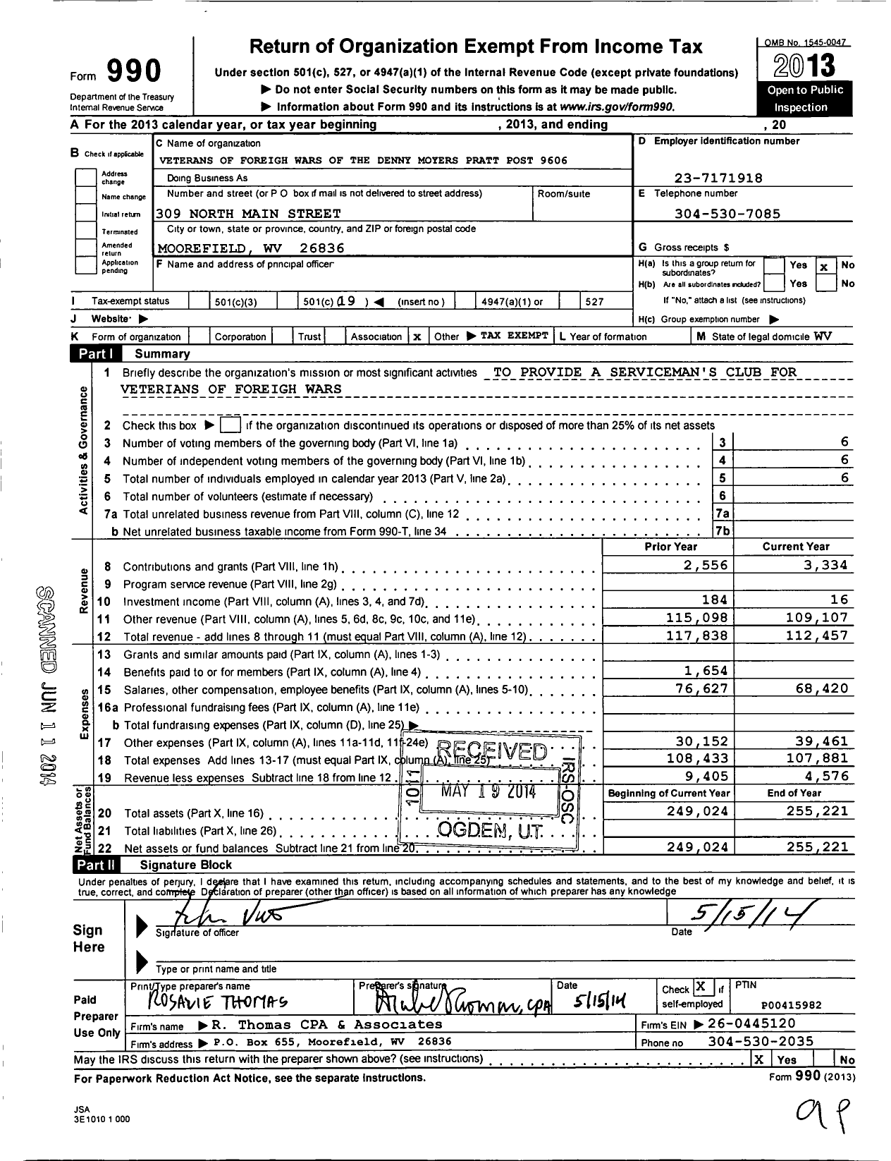 Image of first page of 2013 Form 990O for Veterans of Foreign Wars of the United States Dept of West Va - 9606 Denny-Moyer-Pratt Post