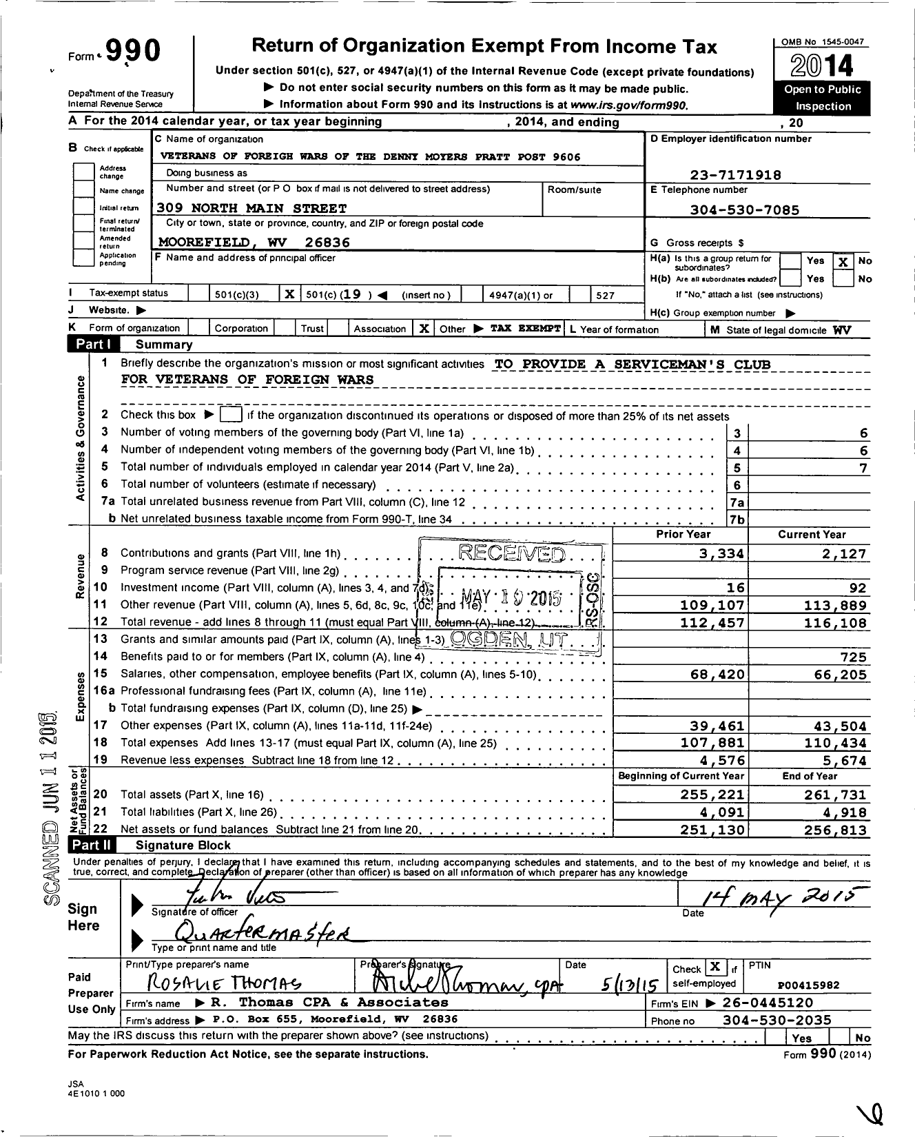 Image of first page of 2014 Form 990O for Veterans of Foreign Wars of the United States Dept of West Va - 9606 Denny-Moyer-Pratt Post