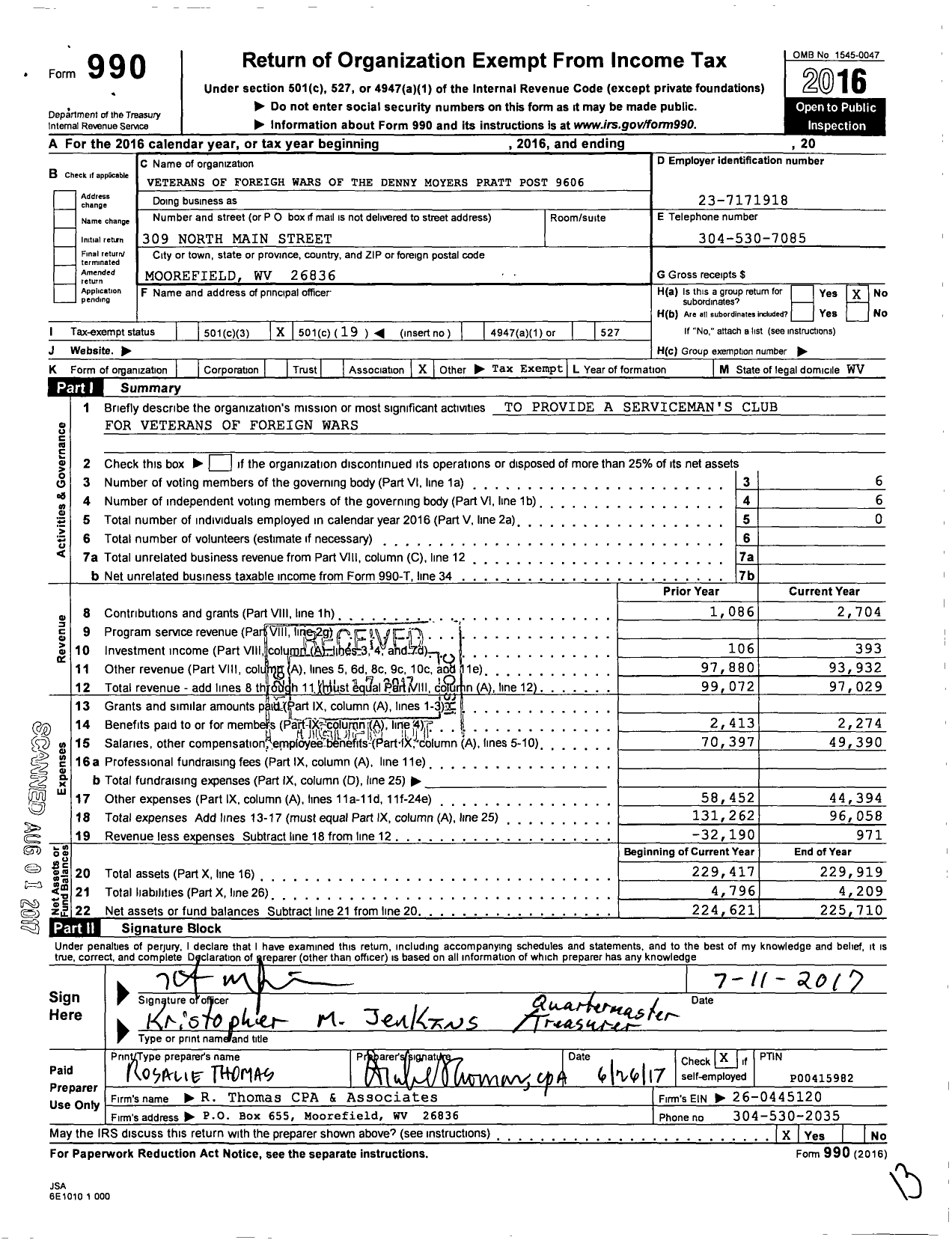 Image of first page of 2016 Form 990O for Veterans of Foreign Wars of the United States Dept of West Va - 9606 Denny-Moyer-Pratt Post