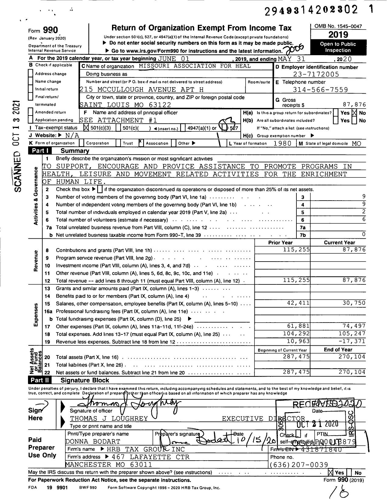 Image of first page of 2019 Form 990 for Mo Society of Health and Physical Educators