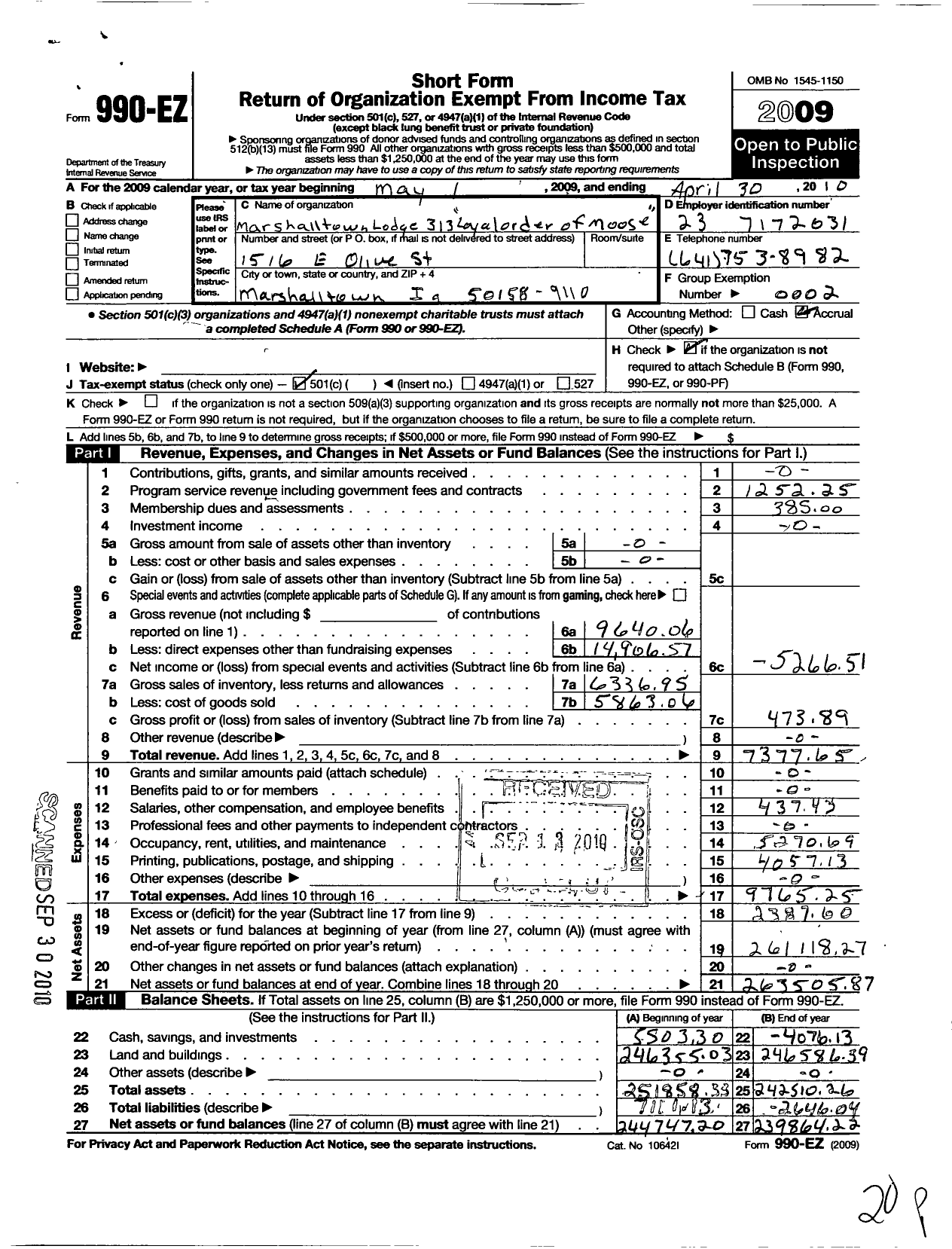 Image of first page of 2009 Form 990EO for Loyal Order of Moose - 313