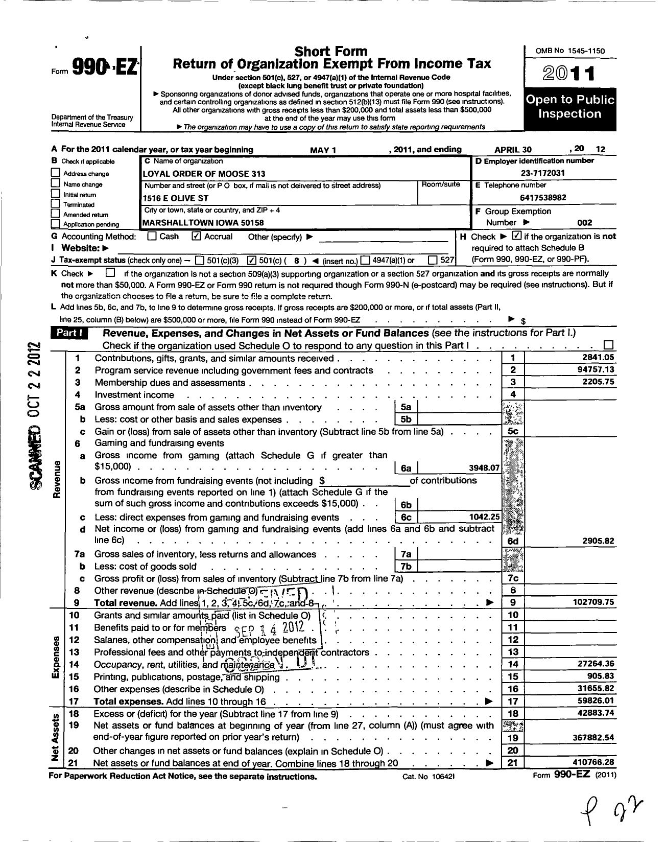 Image of first page of 2011 Form 990EO for Loyal Order of Moose - 313