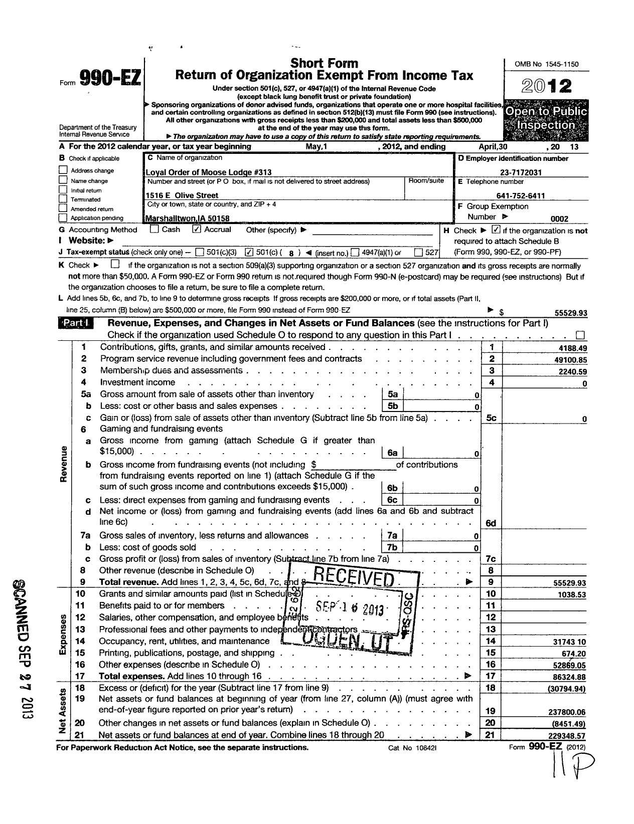 Image of first page of 2012 Form 990EO for Loyal Order of Moose - 313