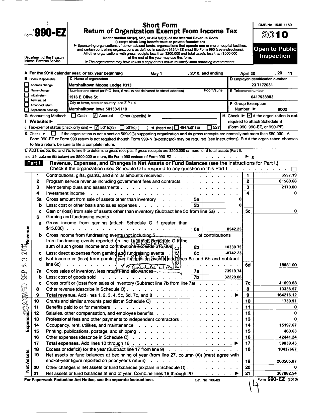 Image of first page of 2010 Form 990EZ for Loyal Order of Moose - 313