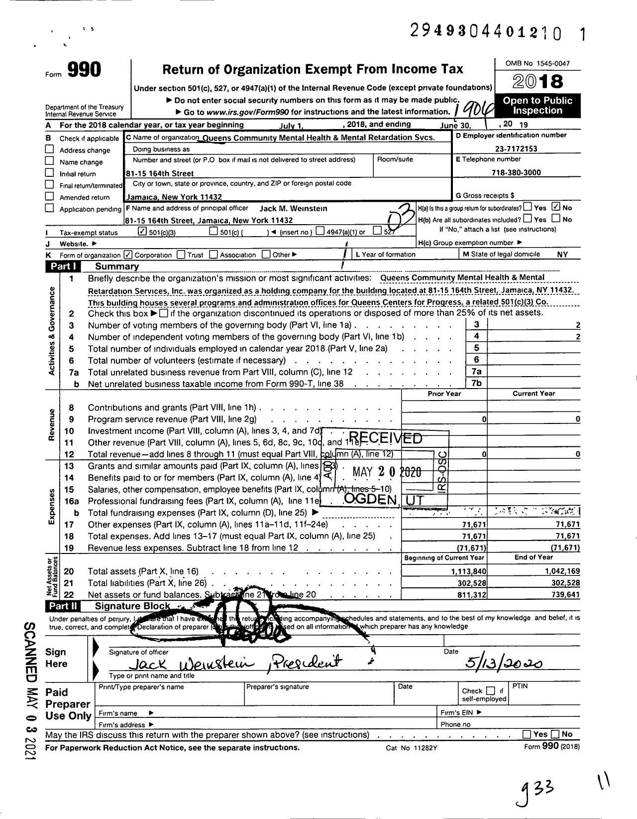 Image of first page of 2018 Form 990 for Queens Community Mental Health and Mental Retardation Services Compan