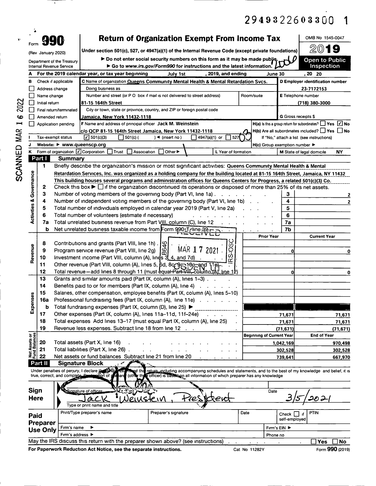 Image of first page of 2019 Form 990 for Queens Community Mental Health and Mental Retardation Services Compan