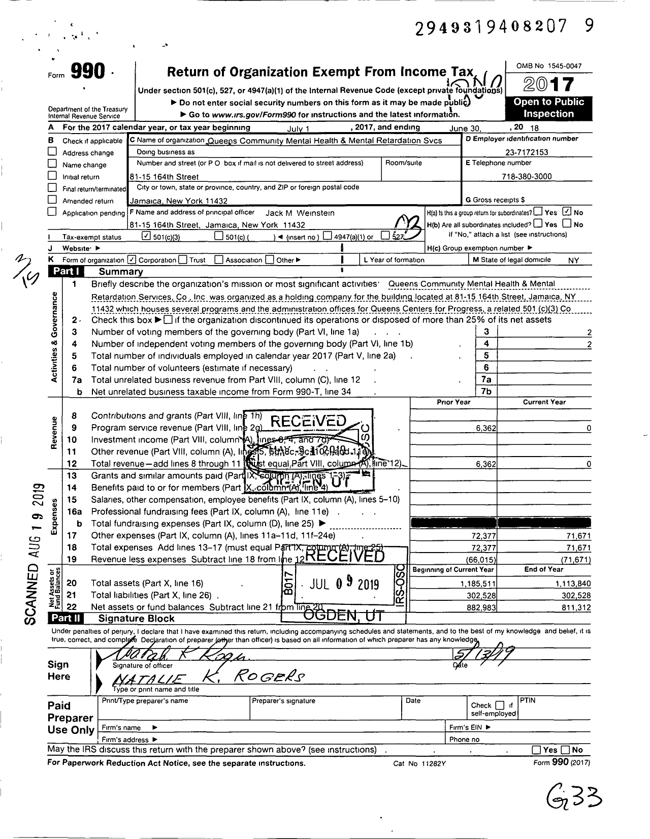 Image of first page of 2017 Form 990 for Queens Community Mental Health and Mental Retardation Services Compan