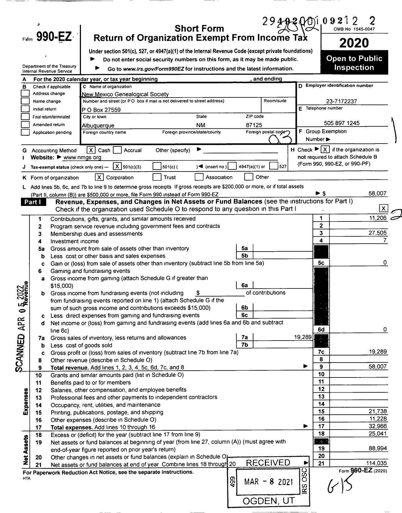 Image of first page of 2020 Form 990EZ for New Mexico Genealogical Society