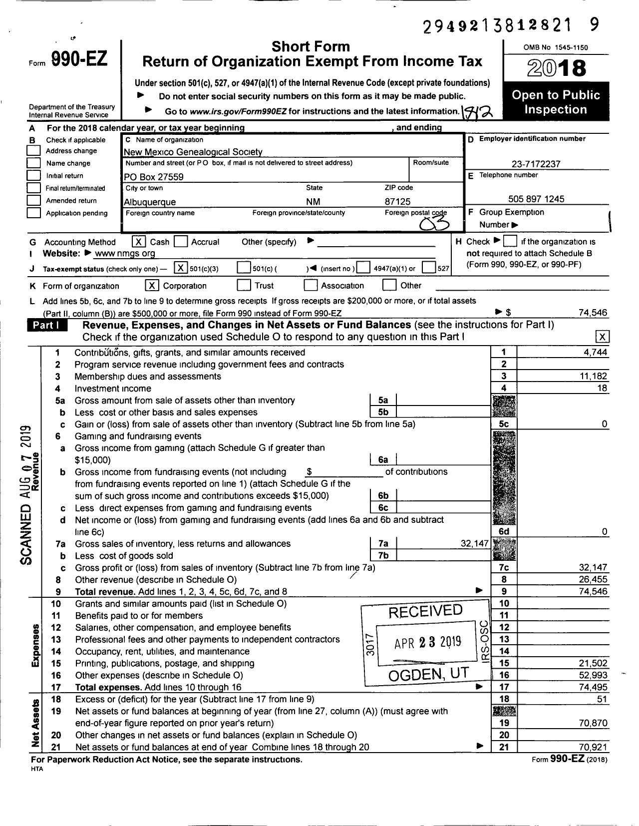 Image of first page of 2018 Form 990EZ for New Mexico Genealogical Society