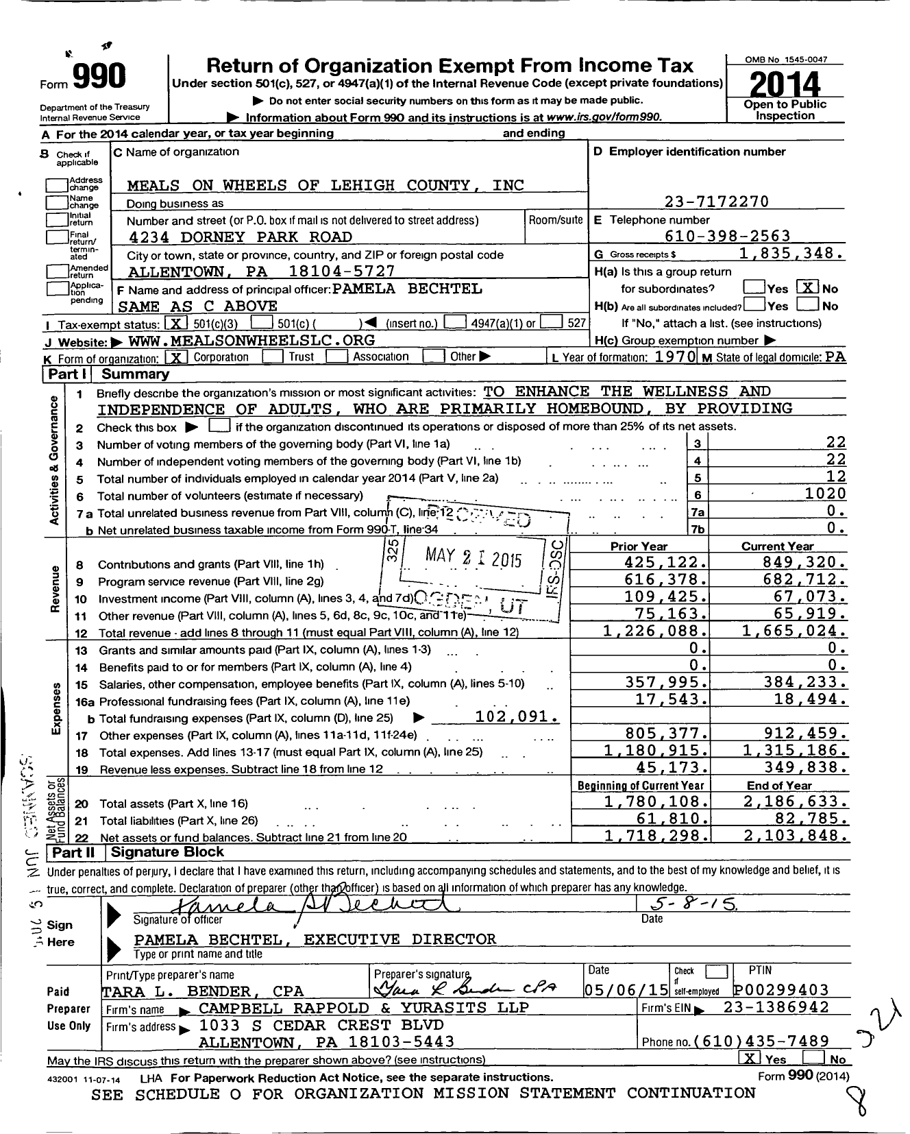 Image of first page of 2014 Form 990 for Meals on Wheels of Lehigh County