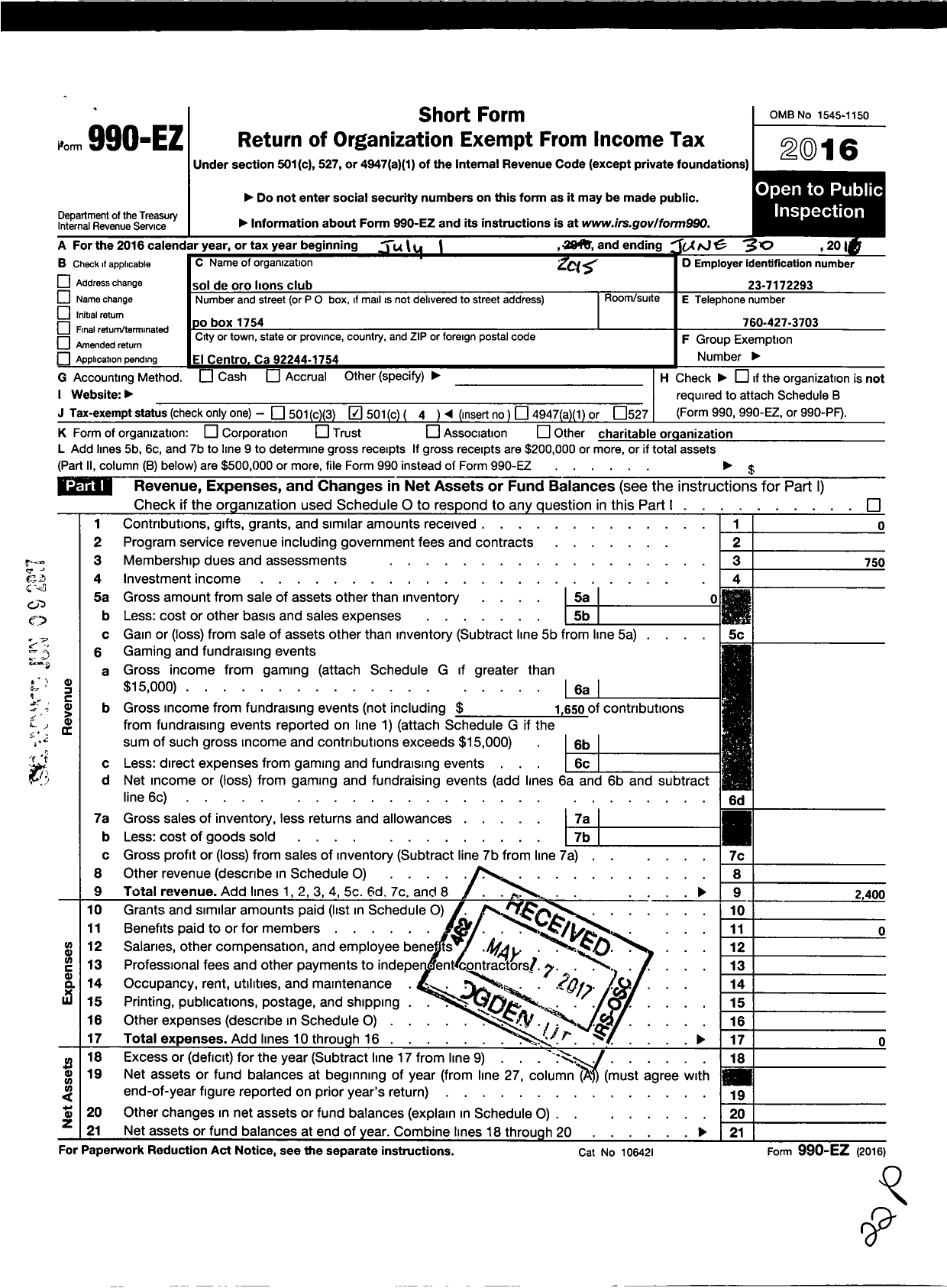 Image of first page of 2015 Form 990EO for 2701 El Centro Sol de Oro